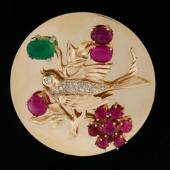 14K Gold GIA Ruby Diamond & Carved Emerald 3D Bird on Branch Brooch Pin Pendant