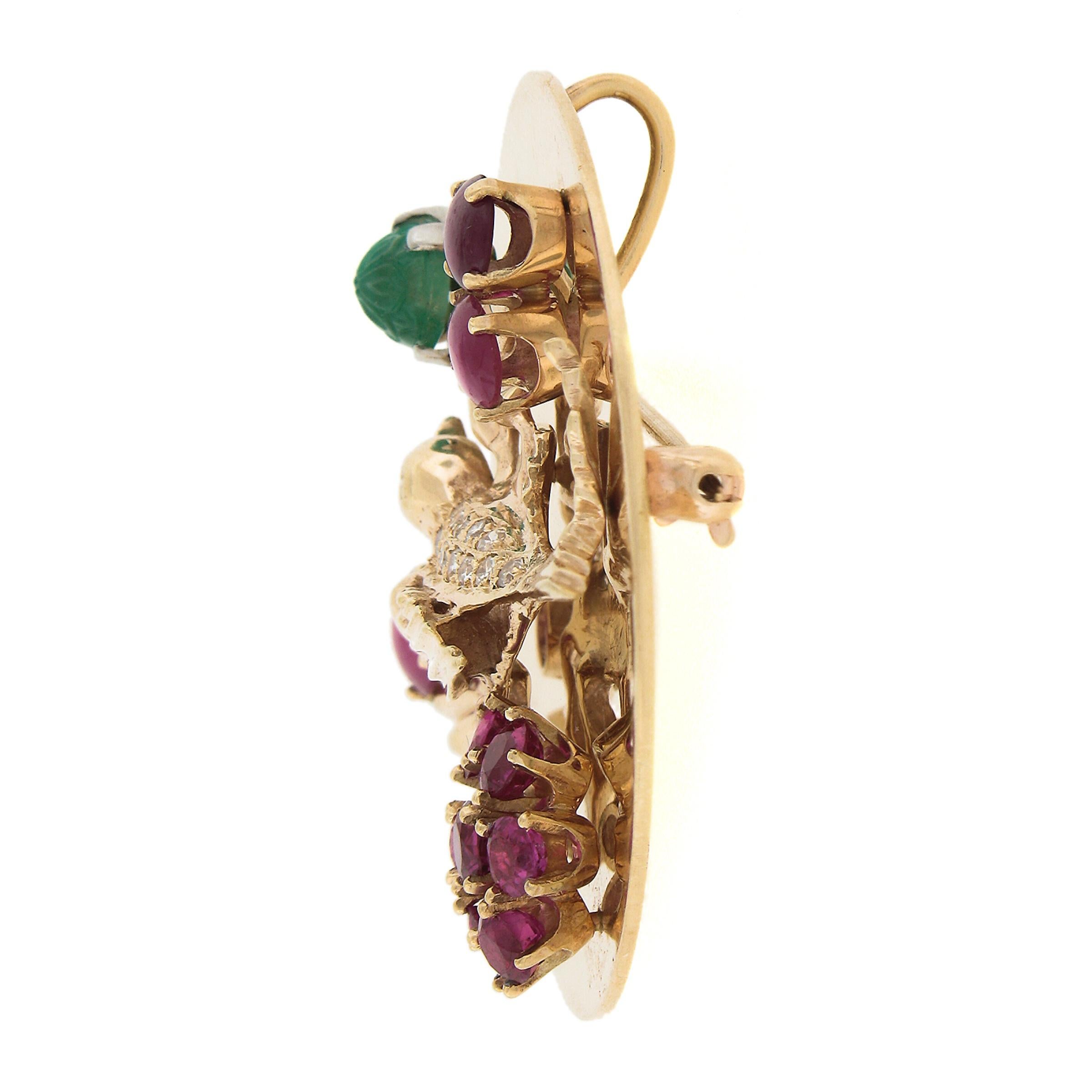 Women's 14K Gold GIA Ruby Diamond & Carved Emerald 3D Bird on Branch Brooch Pin Pendant For Sale