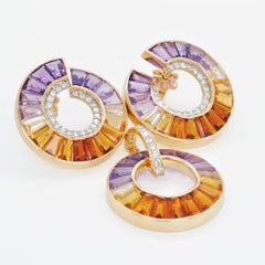 14K Gold Gradient Amethyst Citrine Baguette Diamond Circle Pendant Earrings Set