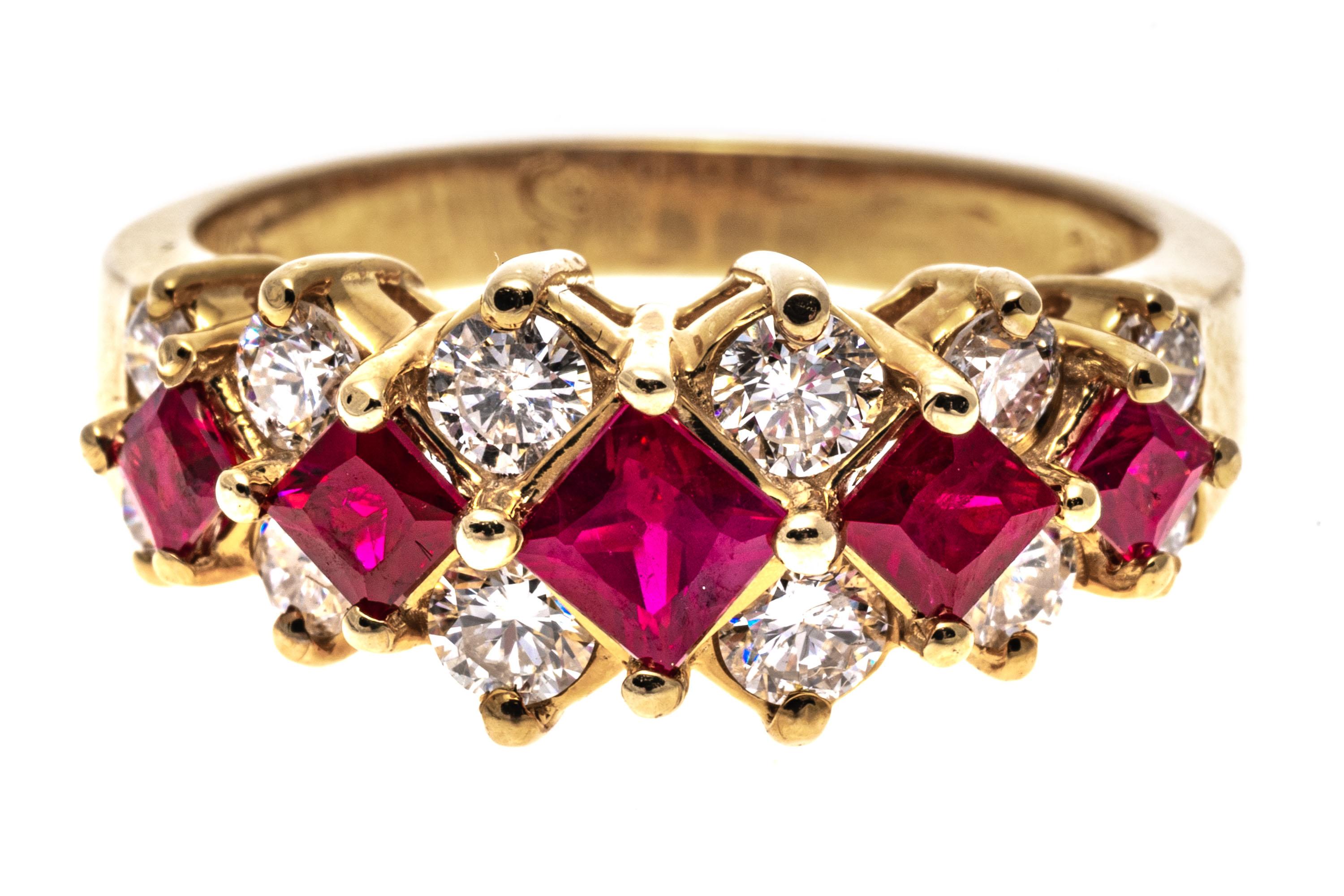 14k yellow gold ring. This stunning ring is a graduated three row band style, with a center row of square faceted, pinkish red rubies, approximately 1.88 TCW, prong set on point. Framing the rubies is a row of round brilliant cut diamonds,