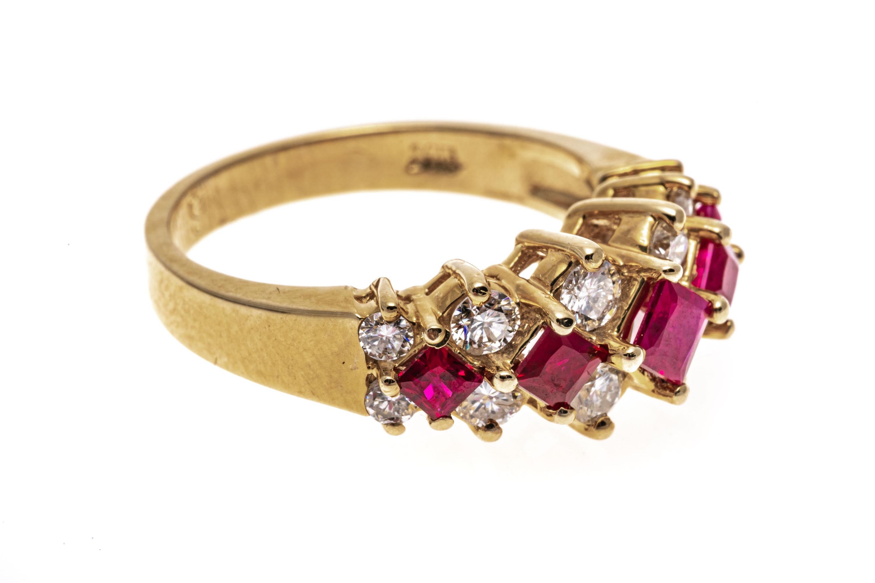 Contemporary 14k Gold Graduated Three Row Square Ruby and Round Diamond Ring For Sale