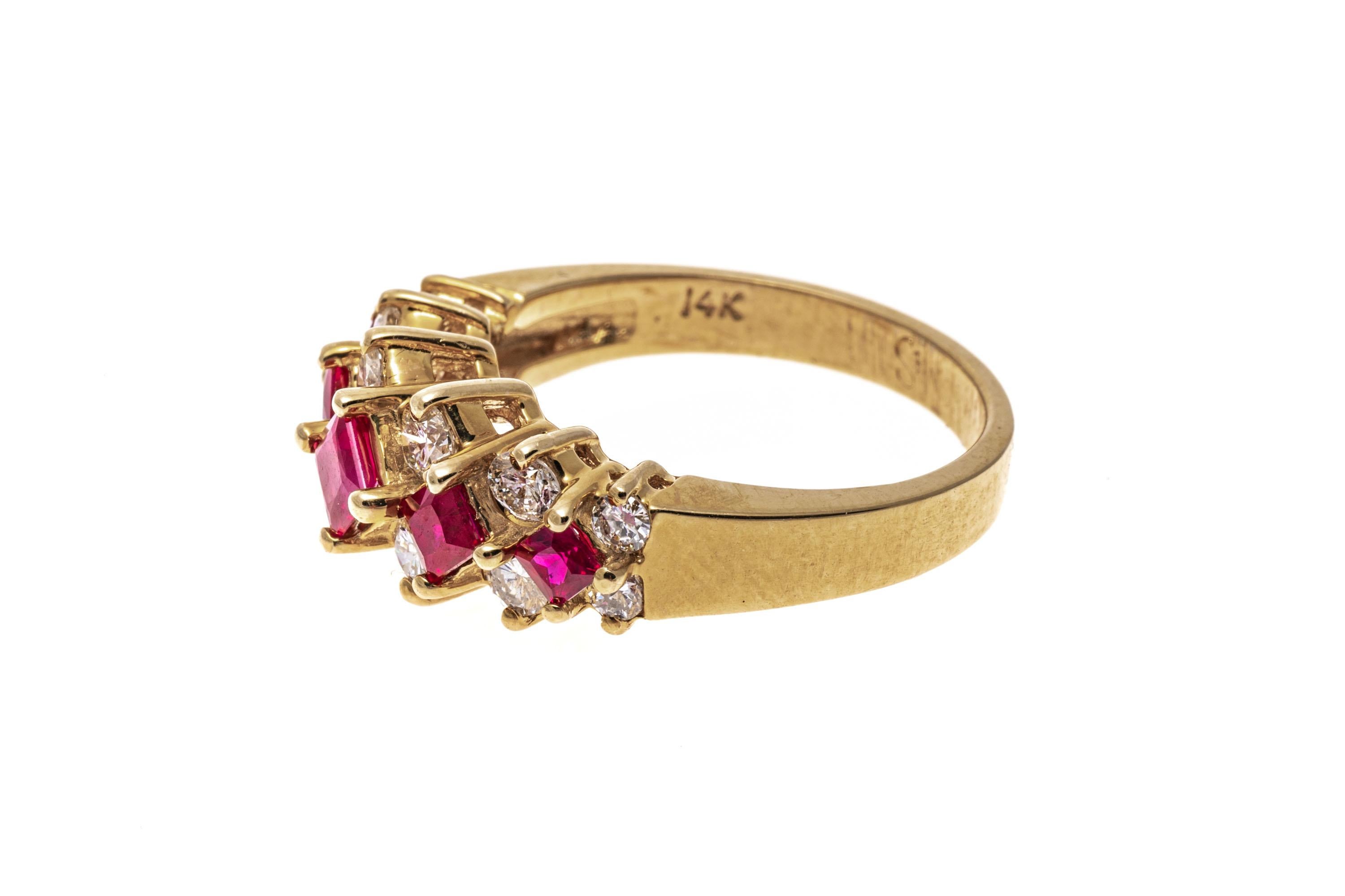 14k Gold Graduated Three Row Square Ruby and Round Diamond Ring In Good Condition For Sale In Southport, CT