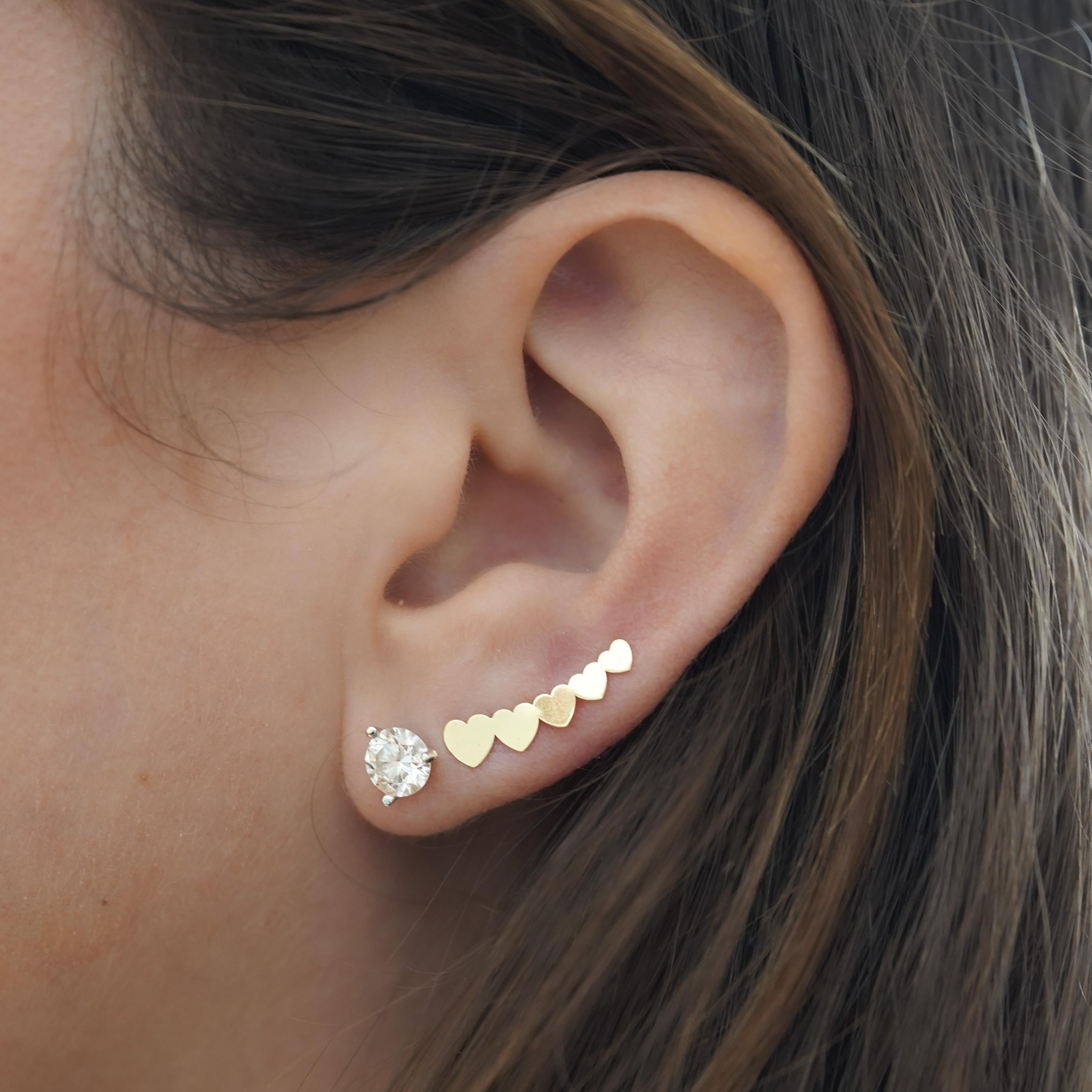 Contemporary 14K Gold Graduating Ear Climber Heart Earrings For Sale