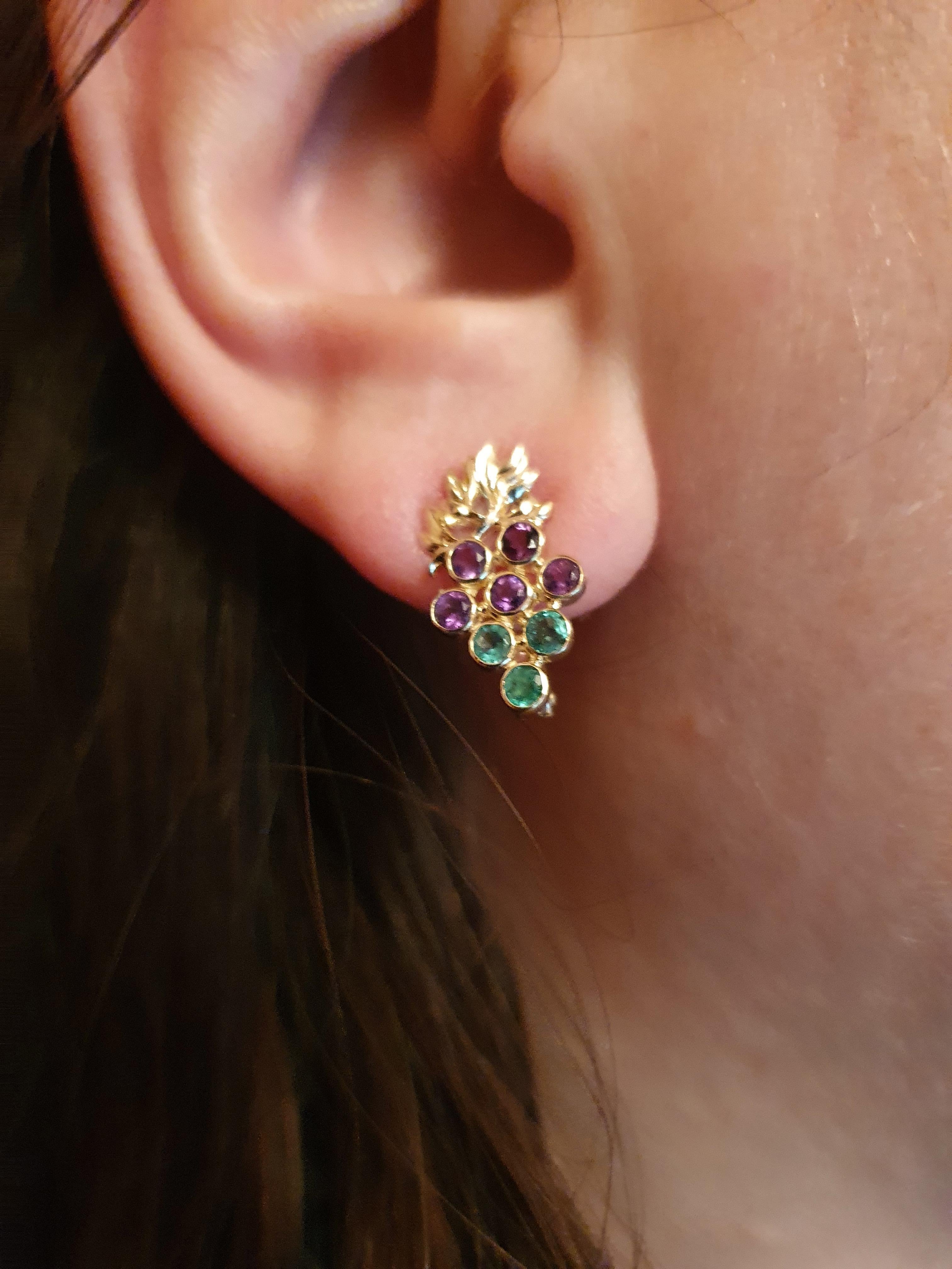14k Gold Grape Earrings with Emeralds and Amethysts For Sale 2