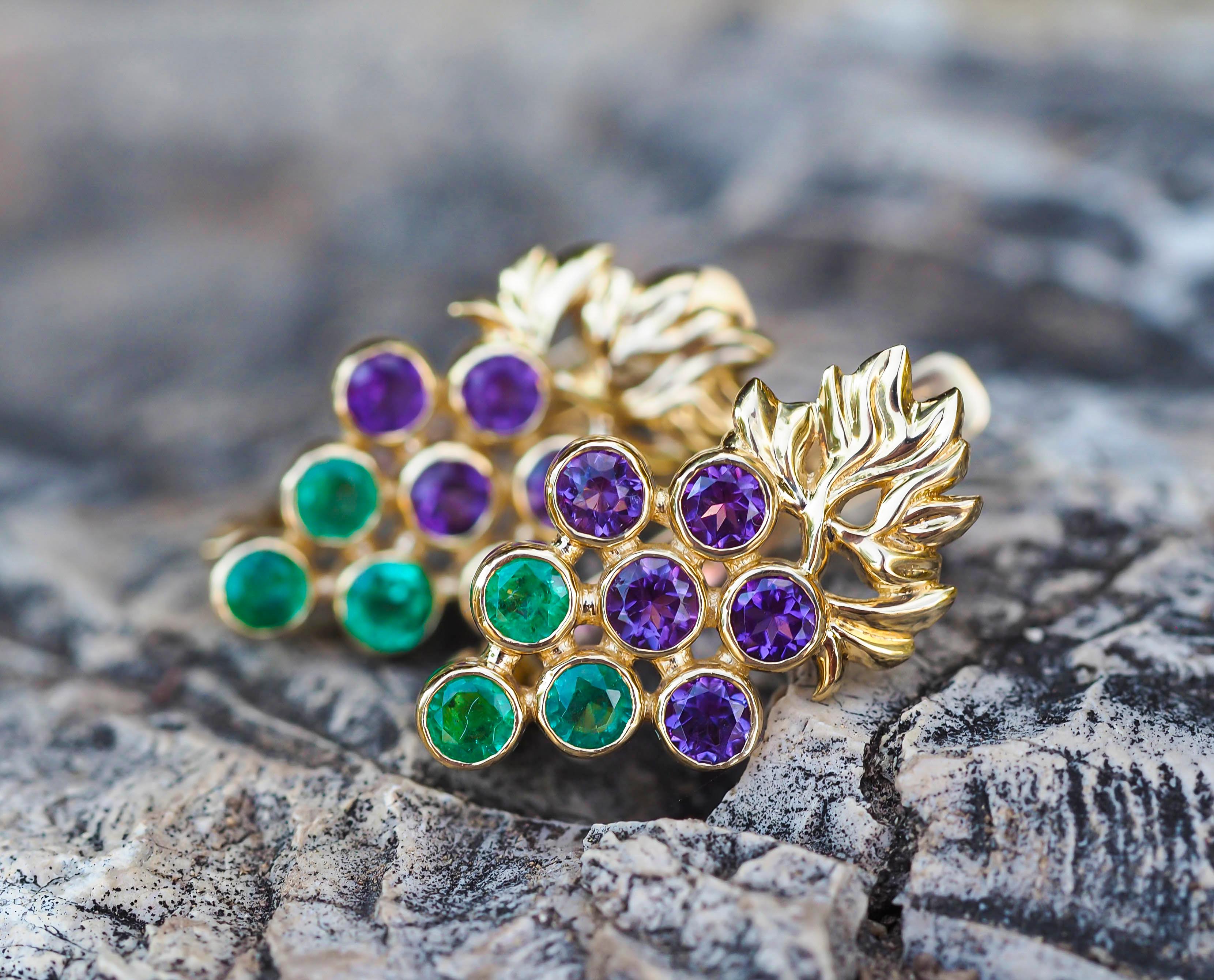 14k Gold Grape Earrings with Emeralds and Amethysts For Sale 5