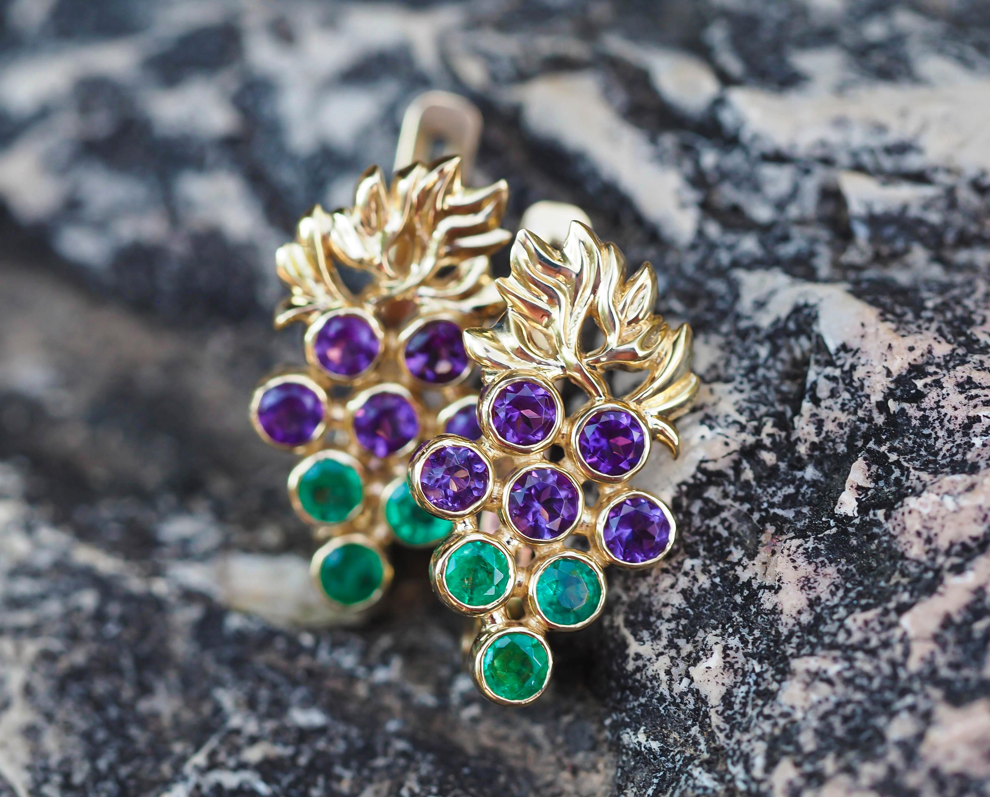 14k Gold Grape Earrings with Emeralds and Amethysts For Sale 3