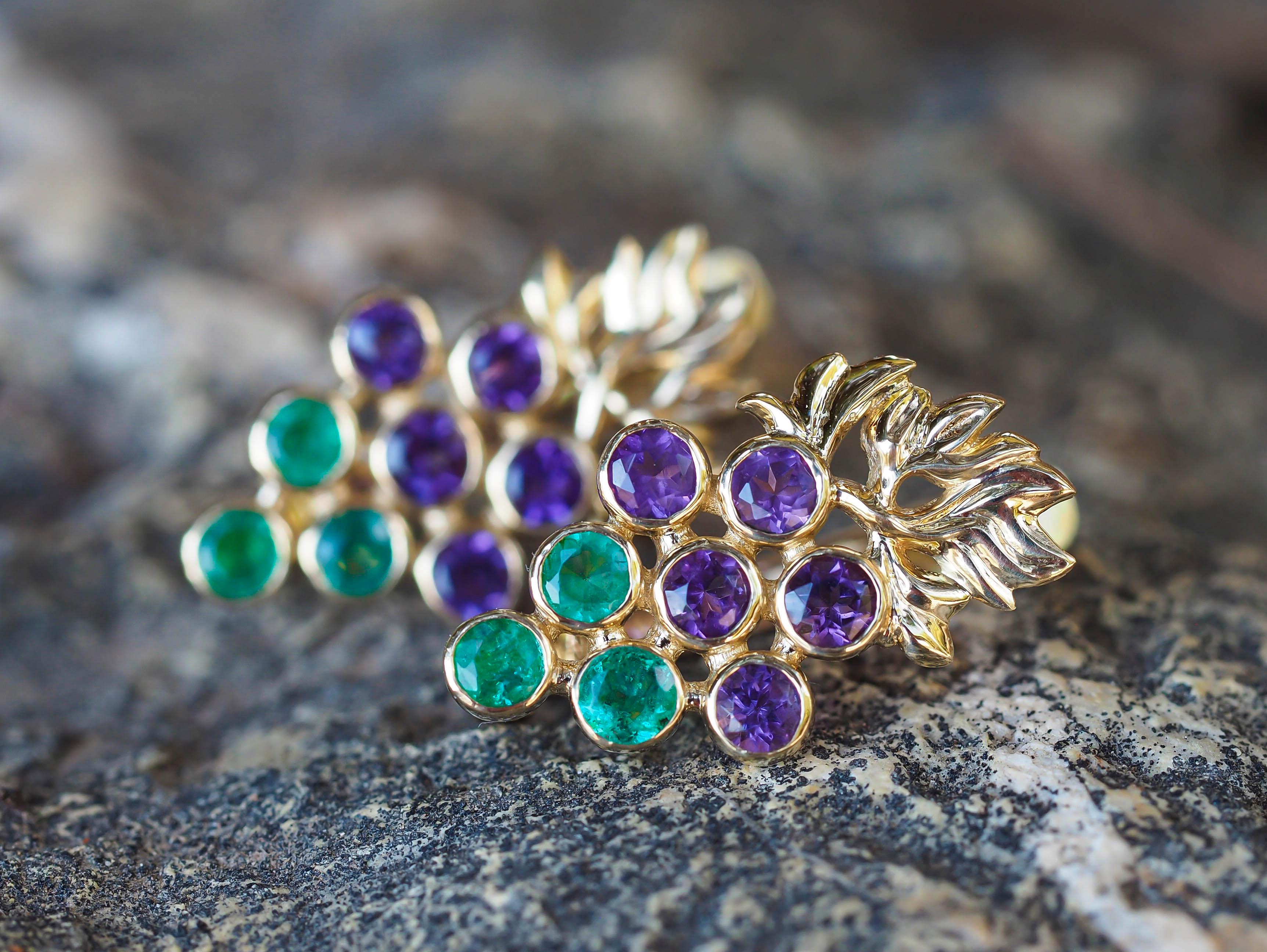 14k Gold Grape Earrings with Emeralds and Amethysts For Sale 4
