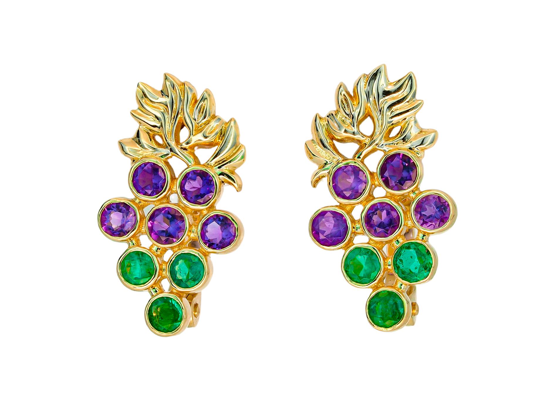 14k Gold Grape Earrings with Emeralds and Amethysts For Sale 12