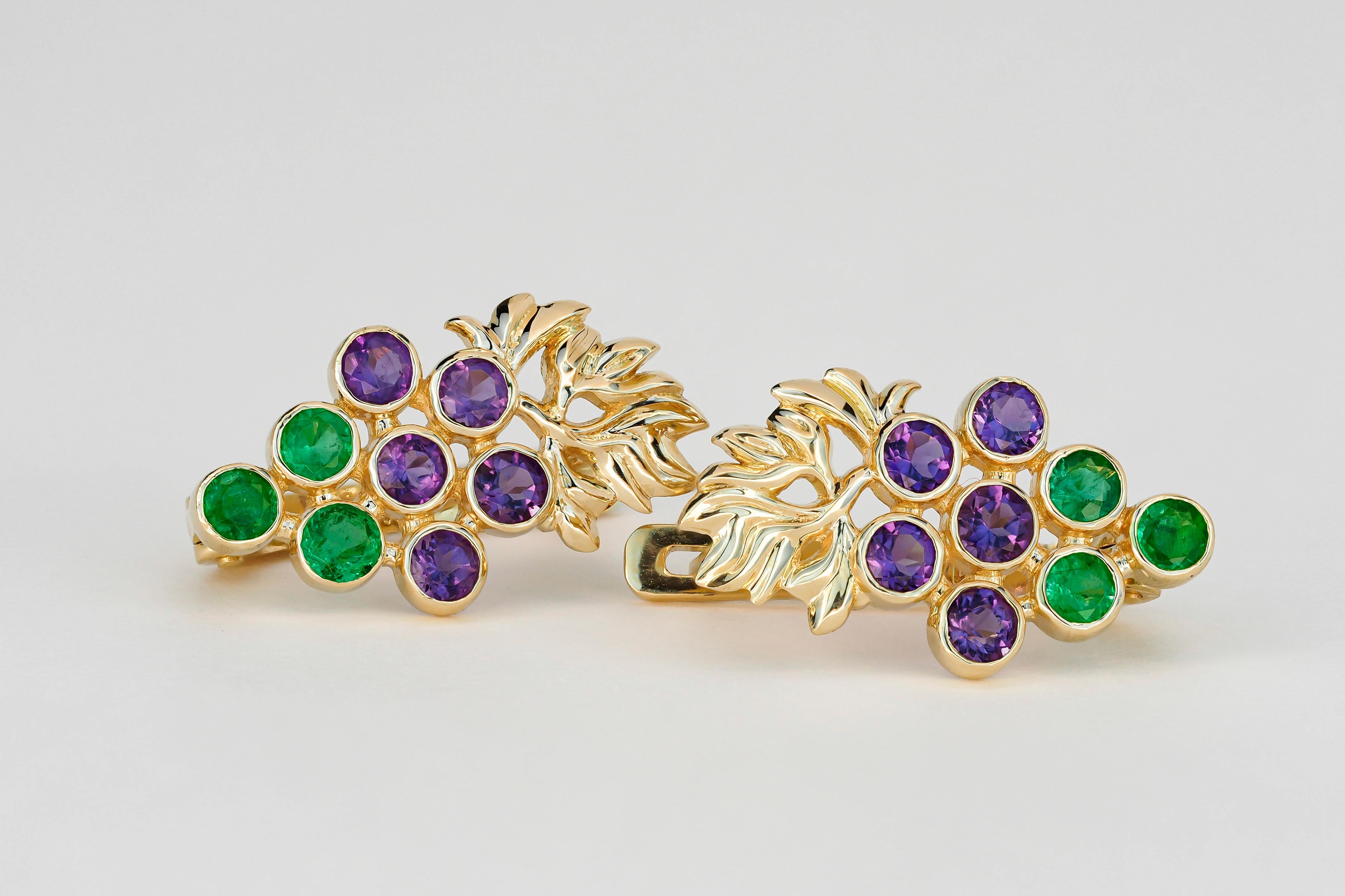 Round Cut 14k Gold Grape Earrings with Emeralds and Amethysts For Sale