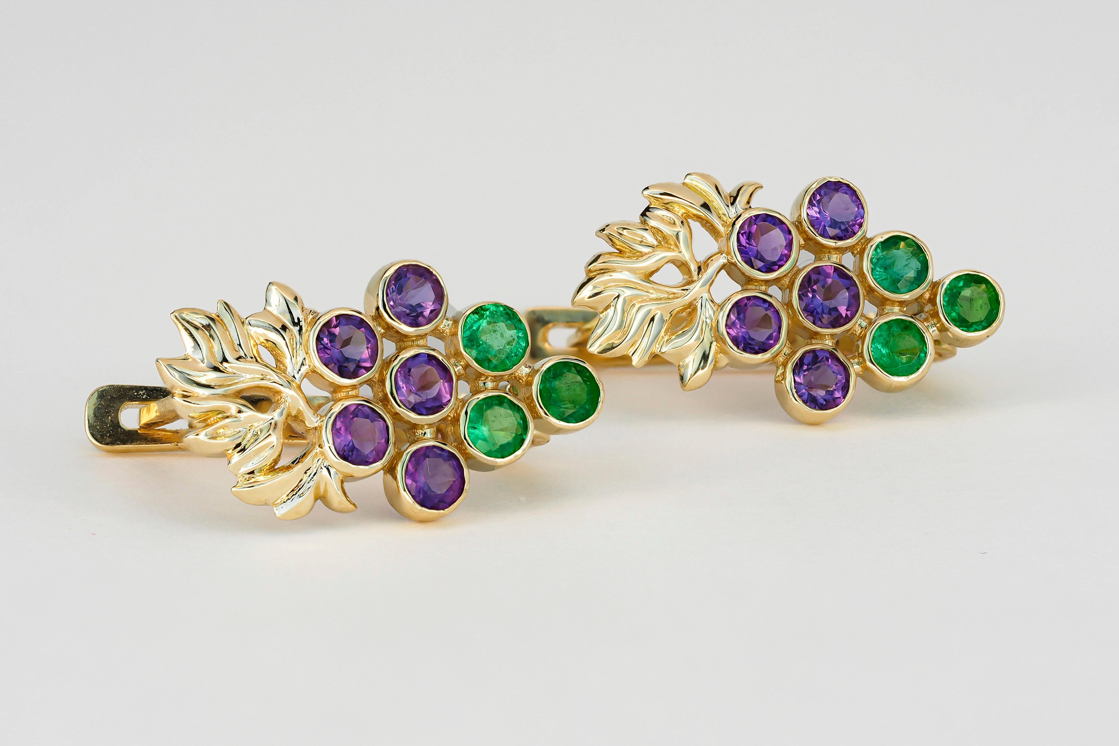Modern 14k Gold Grape Earrings with Emeralds and Amethysts For Sale