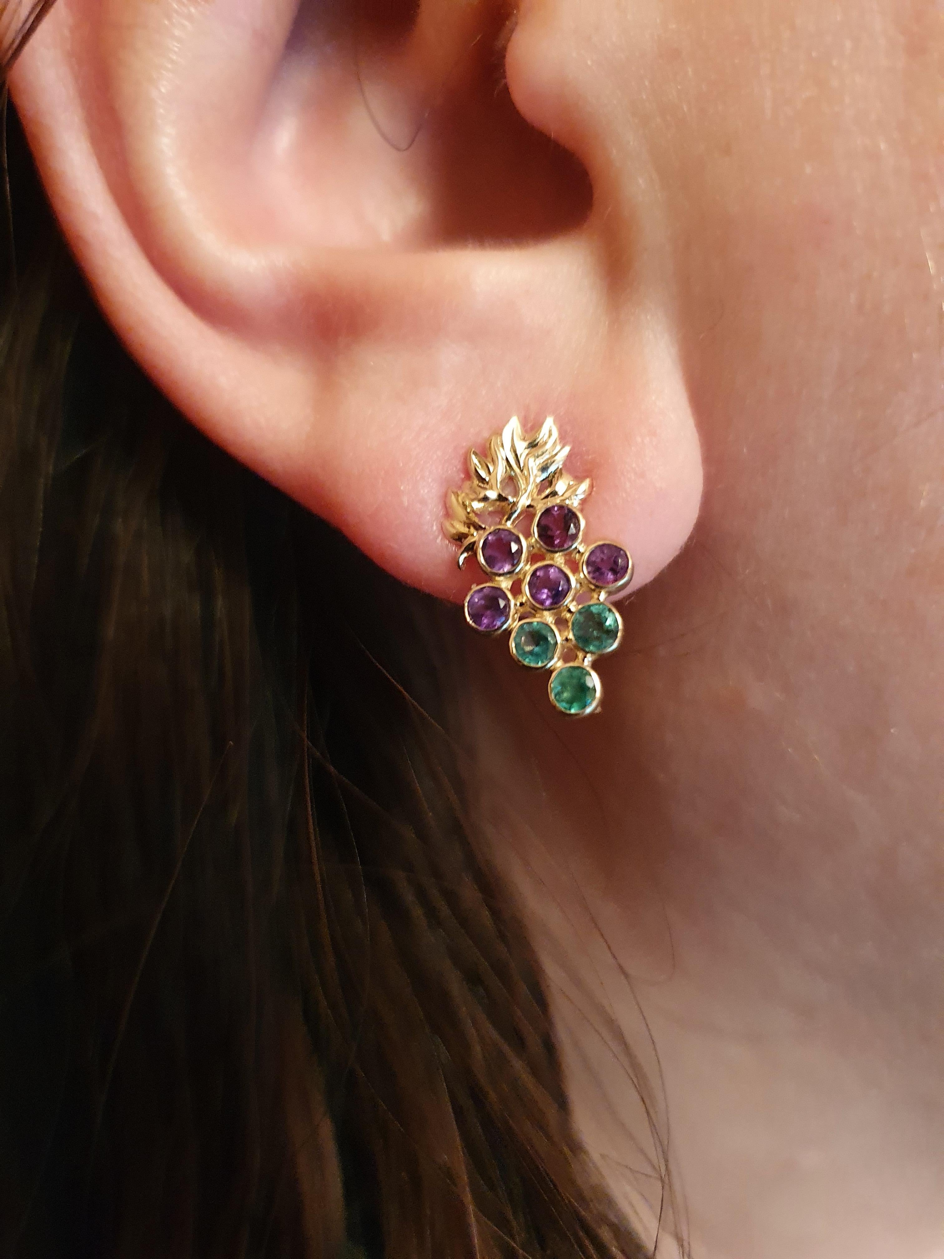 14k Gold Grape Earrings with Emeralds and Amethysts For Sale 1