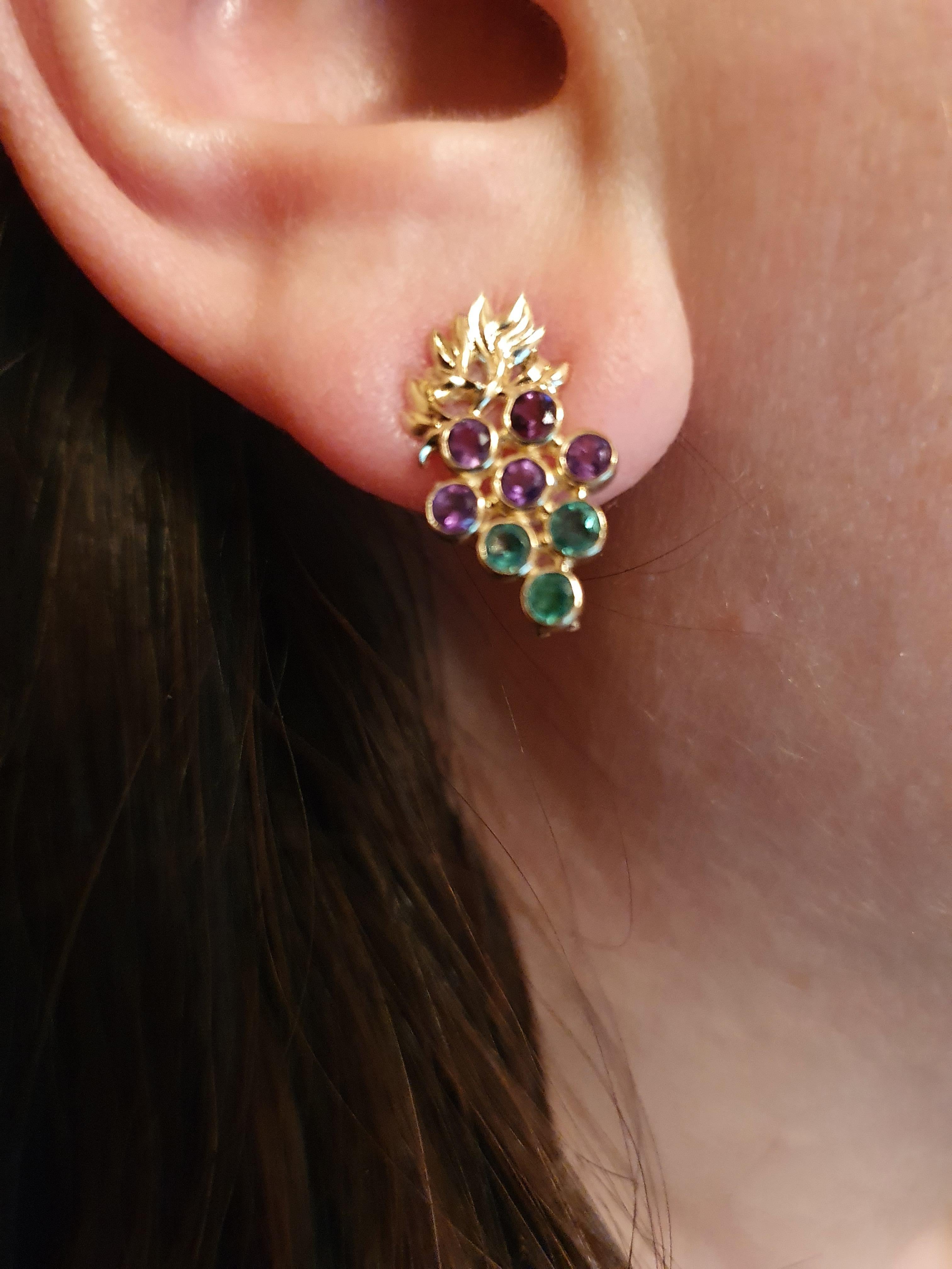 Women's 14k Gold Grape Earrings with Emeralds and Amethysts For Sale