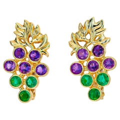 Boucles d'oreilles en or 14k avec émeraudes et améthystes