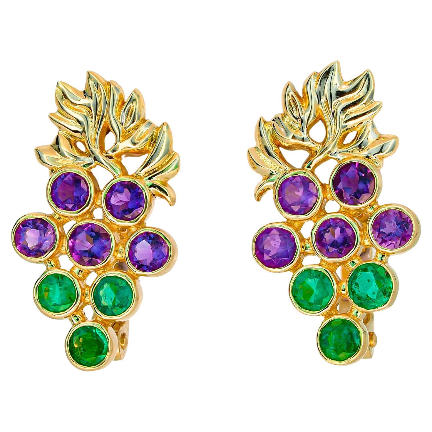 14k Gold Grape Earrings with Emeralds and Amethysts For Sale