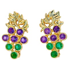 Used 14k Gold Grape Earrings with Emeralds and Amethysts