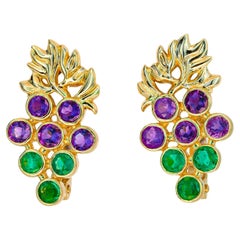 Boucles d'oreilles en or 14k raisin avec émeraudes et améthystes