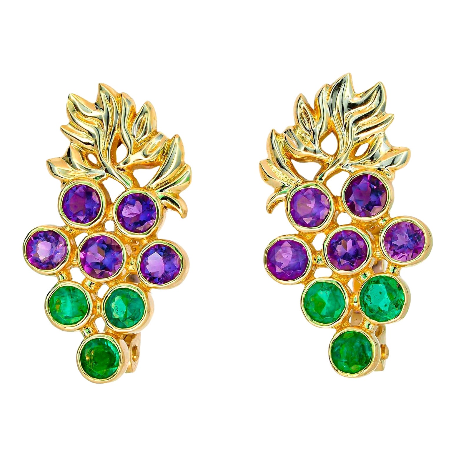 14k Gold Grape Earrings with Emeralds and Amethysts For Sale