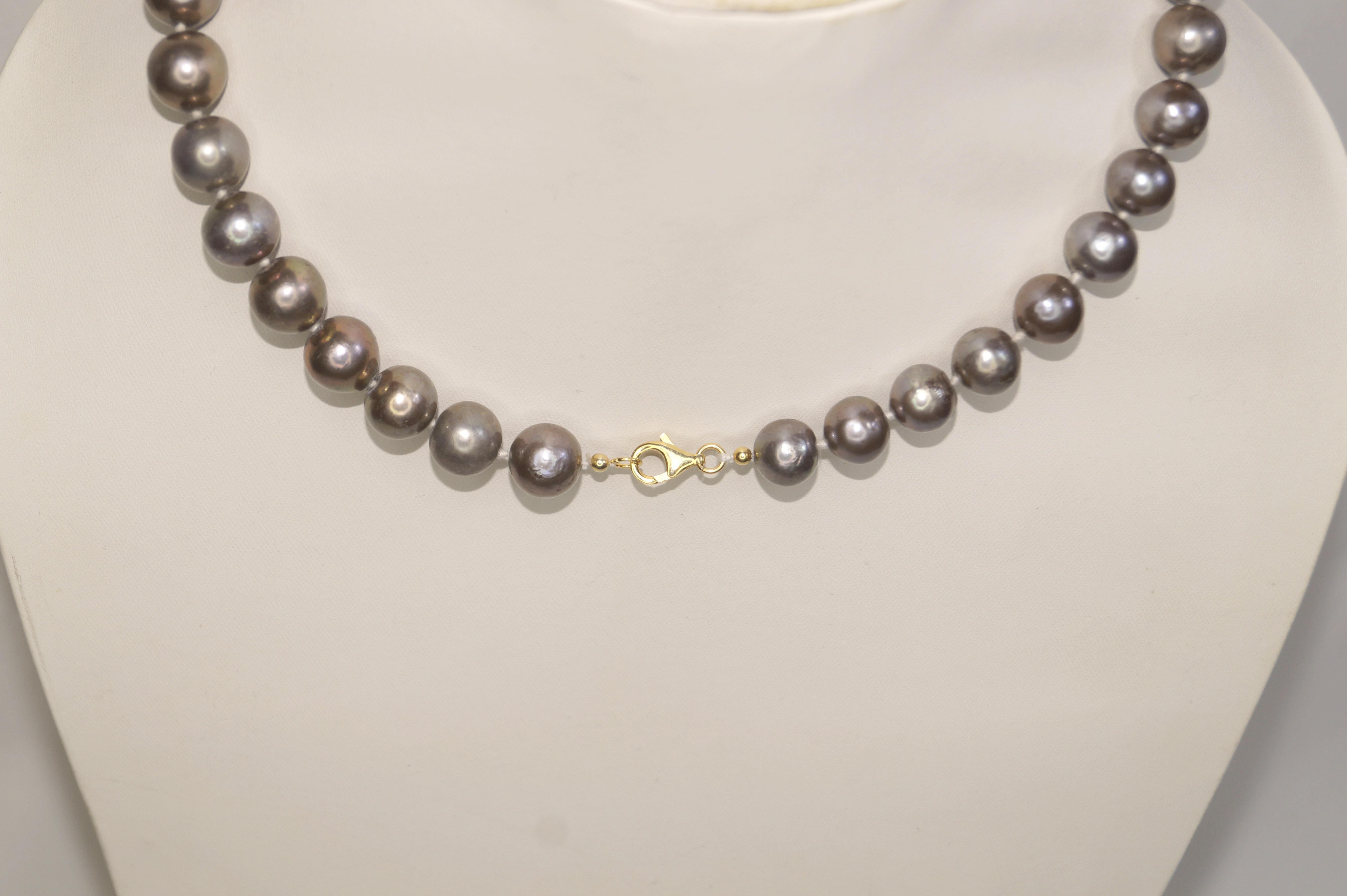 Bead 14k Gold Grey Pearl necklace 11-14mm Big Rare Natural Tahitian Pearl necklace For Sale