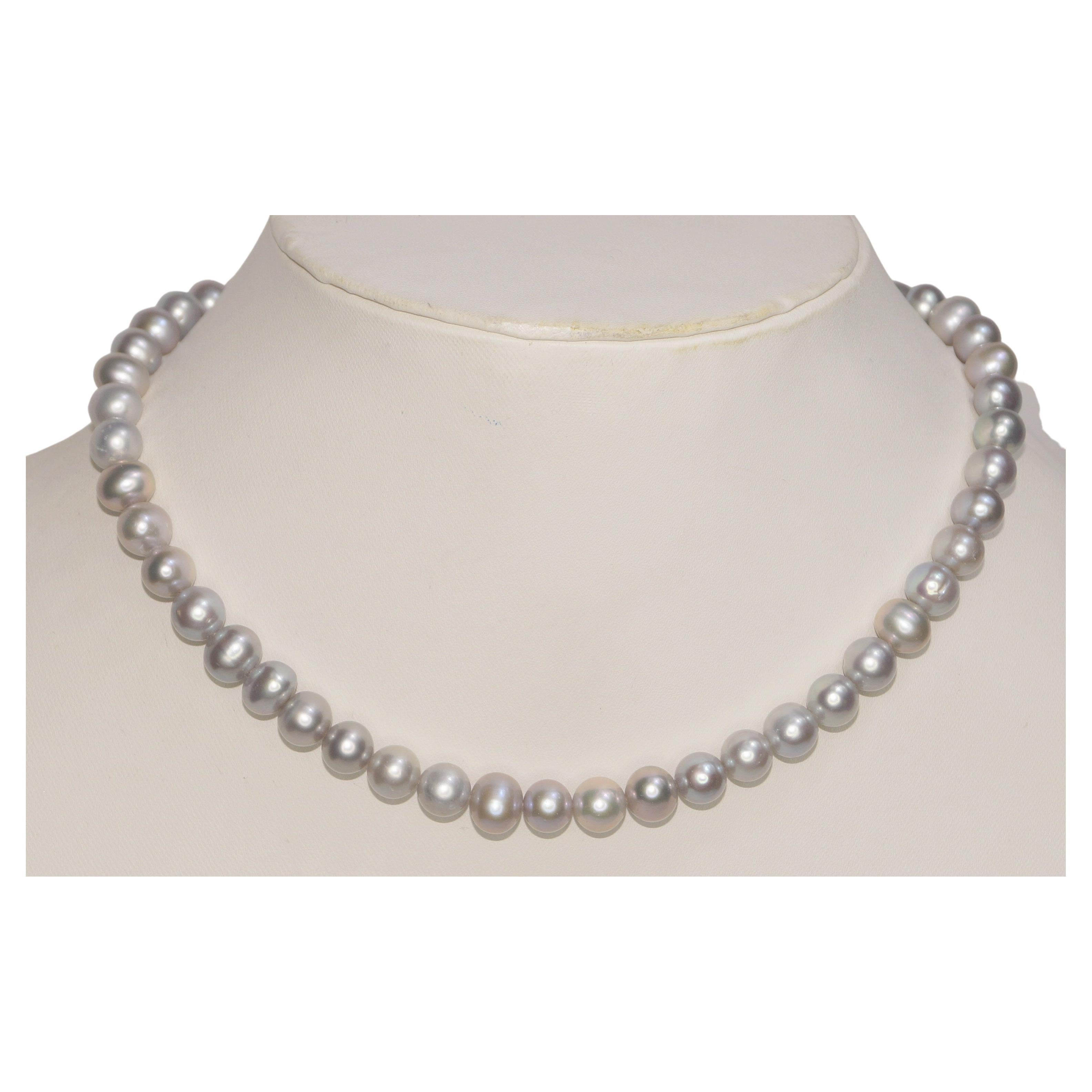 Solid 14k Gold Grey Pearl necklace 8.5mm Natural Light Grey Pearl necklace For Sale