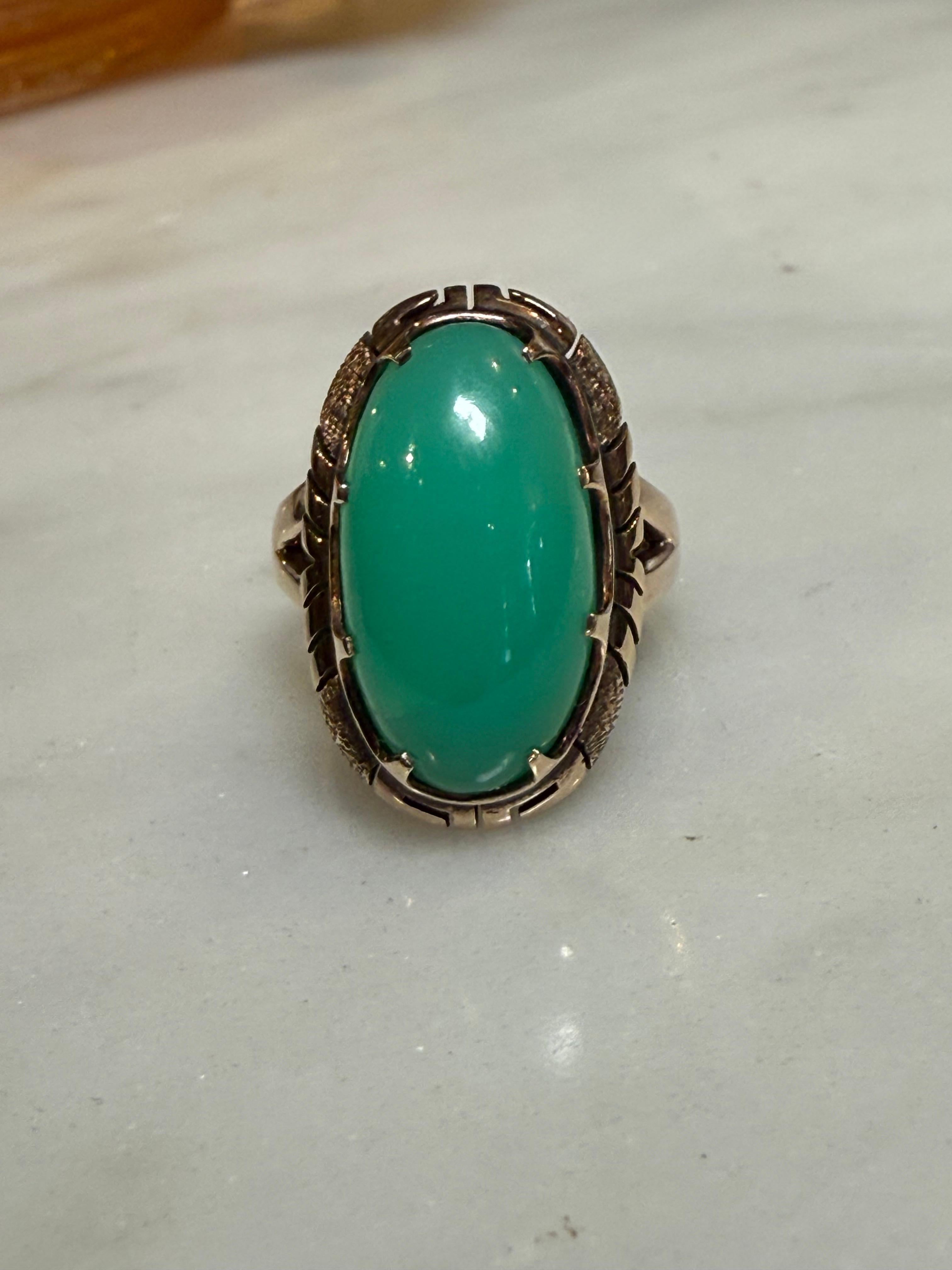 da uomo o donna Anello con pietra crisofrasa verde in oro 14K in vendita