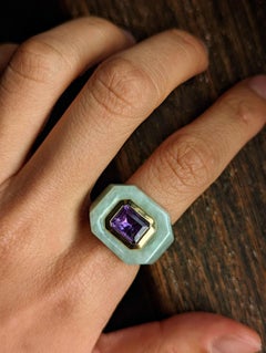 14k Gold Green Jade & Emerald Cut Amethyst Inlay Signet Tank Ring Chunky Size 7