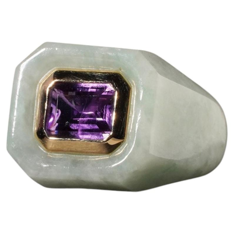 14k Gold Green Jade & Emerald Cut Amethyst Inlay Signet Tank Ring Chunky Size 7