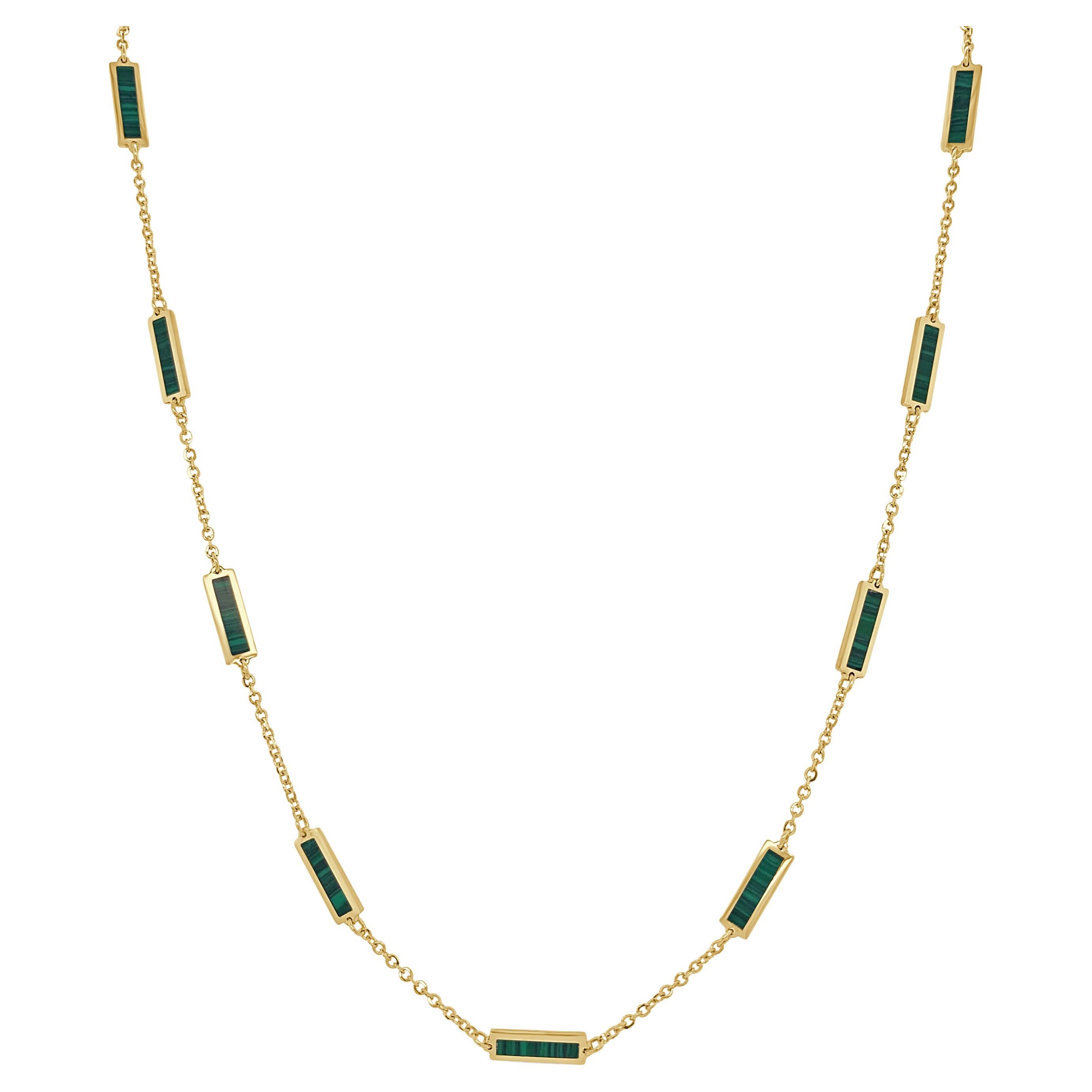 14k Gold & Green Malachite Inlay Station Bar Necklace, Made in Italy For Sale