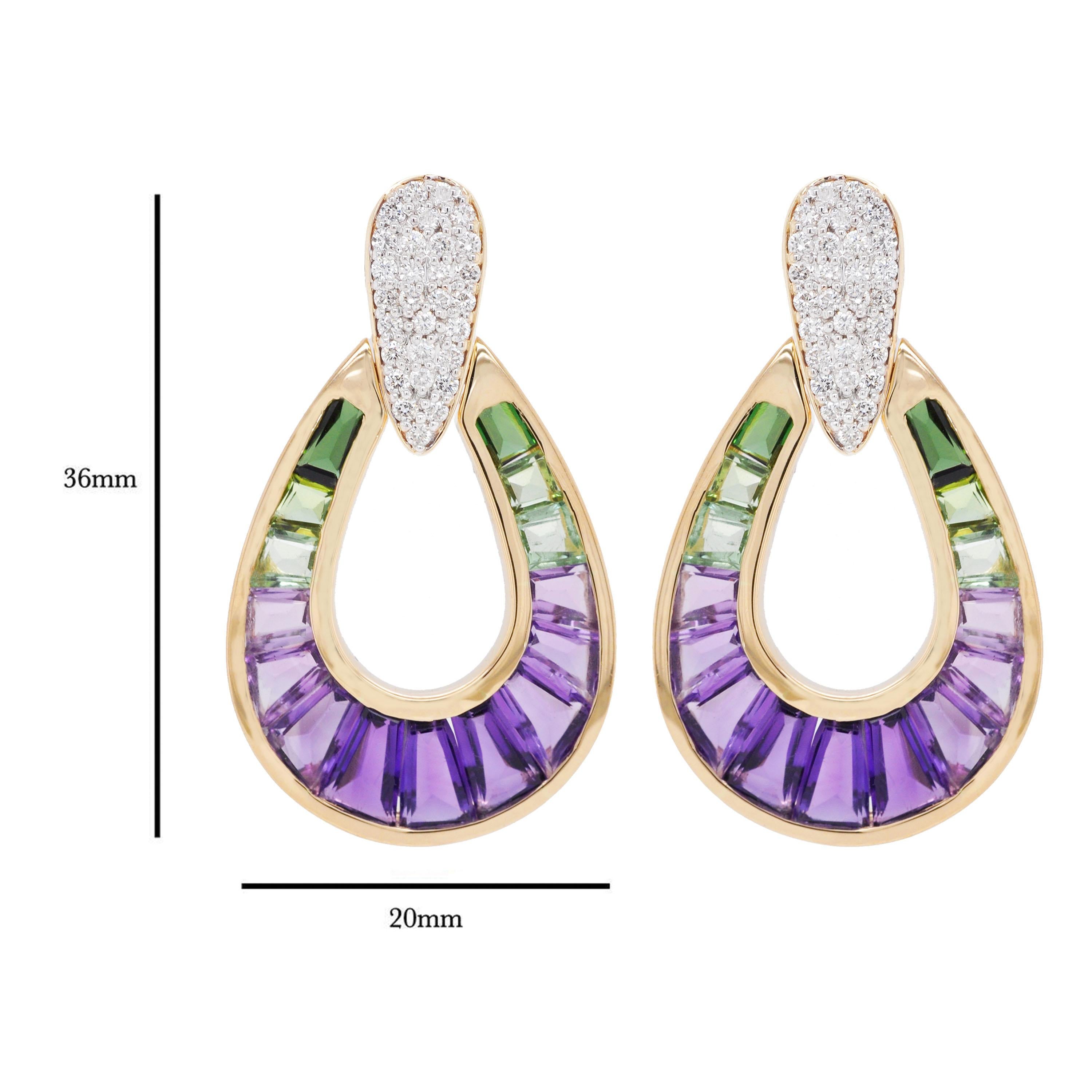 Set di ciondoli con orecchini a baguette in oro 14K con tormalina verde e ametista. in vendita 4