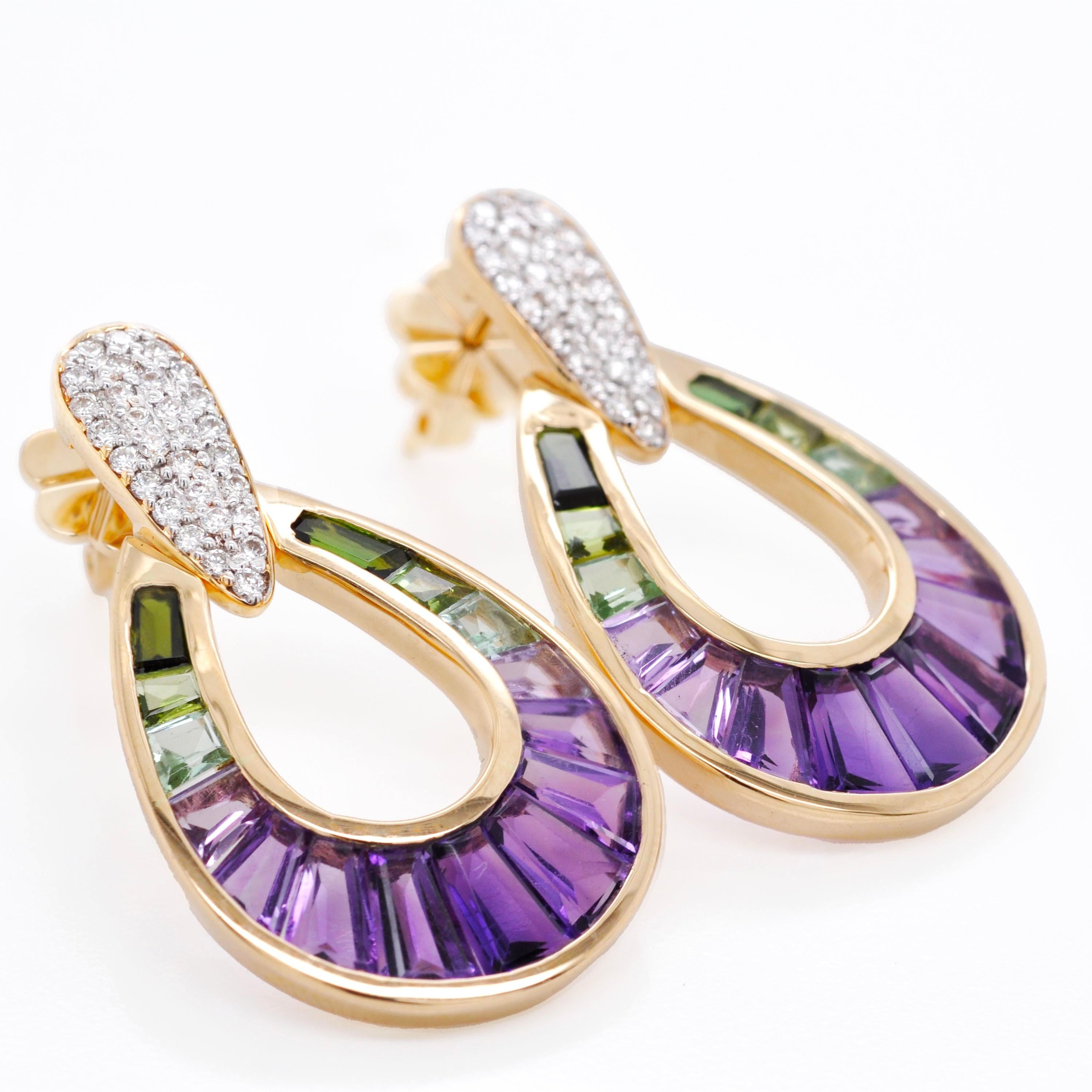 Set di ciondoli con orecchini a baguette in oro 14K con tormalina verde e ametista. in vendita 5