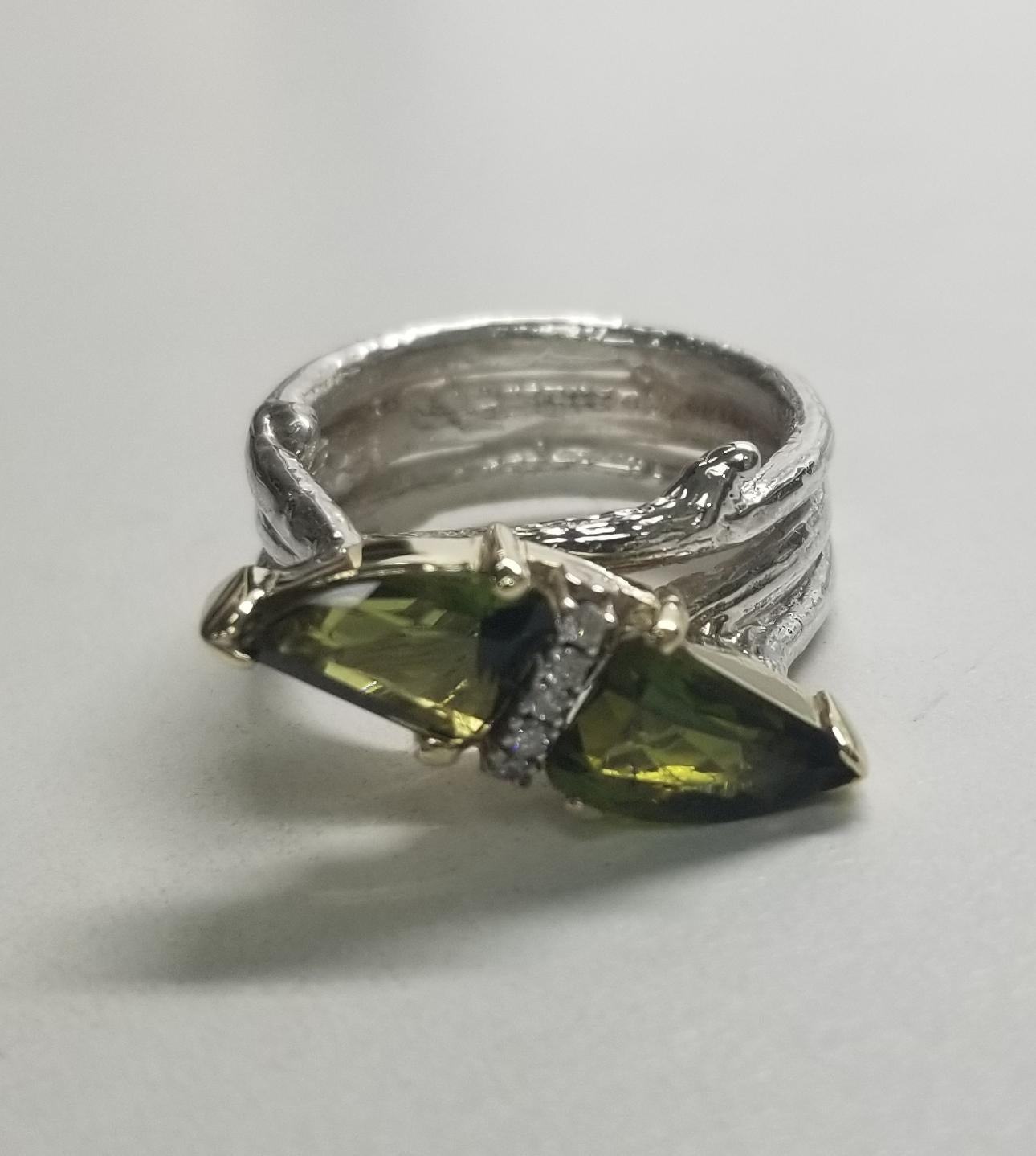 French Cut 14 Karat Gold Green Tourmaline and Diamond Ring