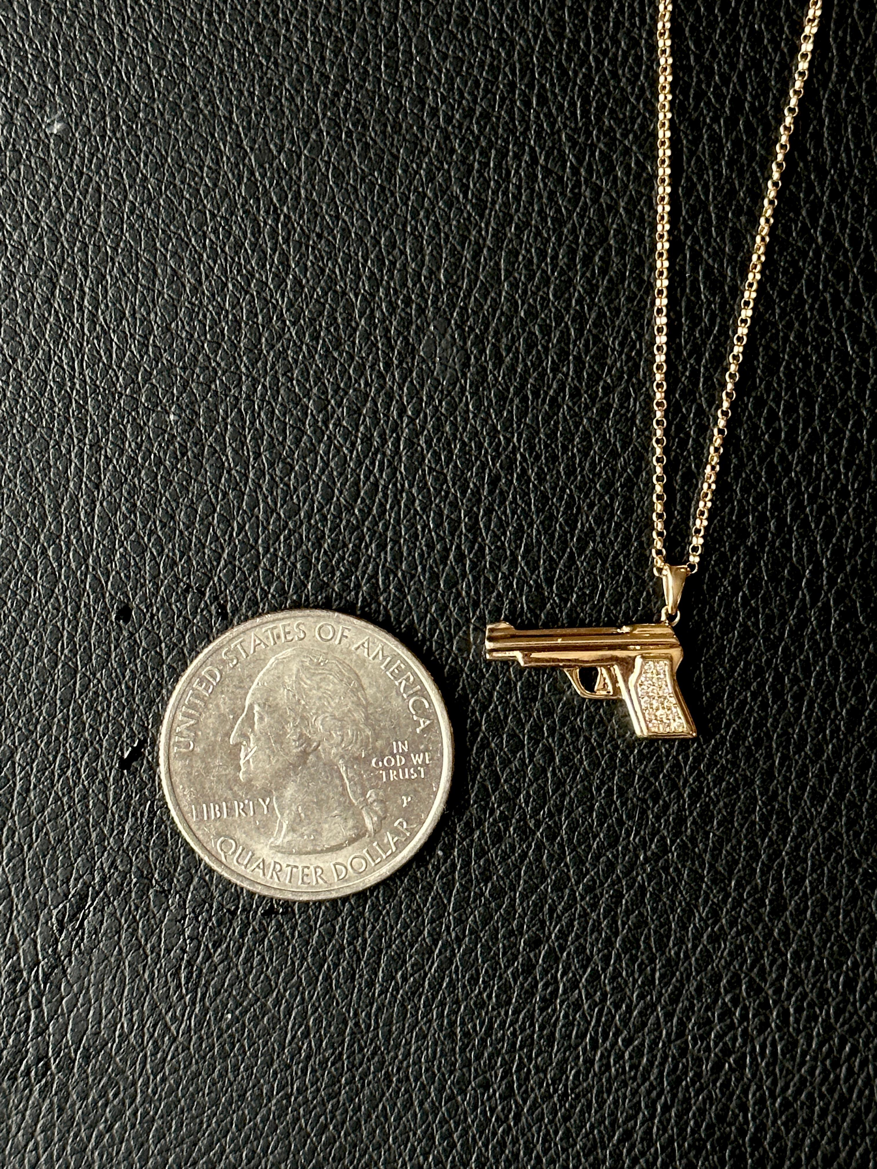 14k Gold Gun Charm Necklace, Diamond Gun Necklace, Charm Necklaces, Solid Gold  For Sale 7