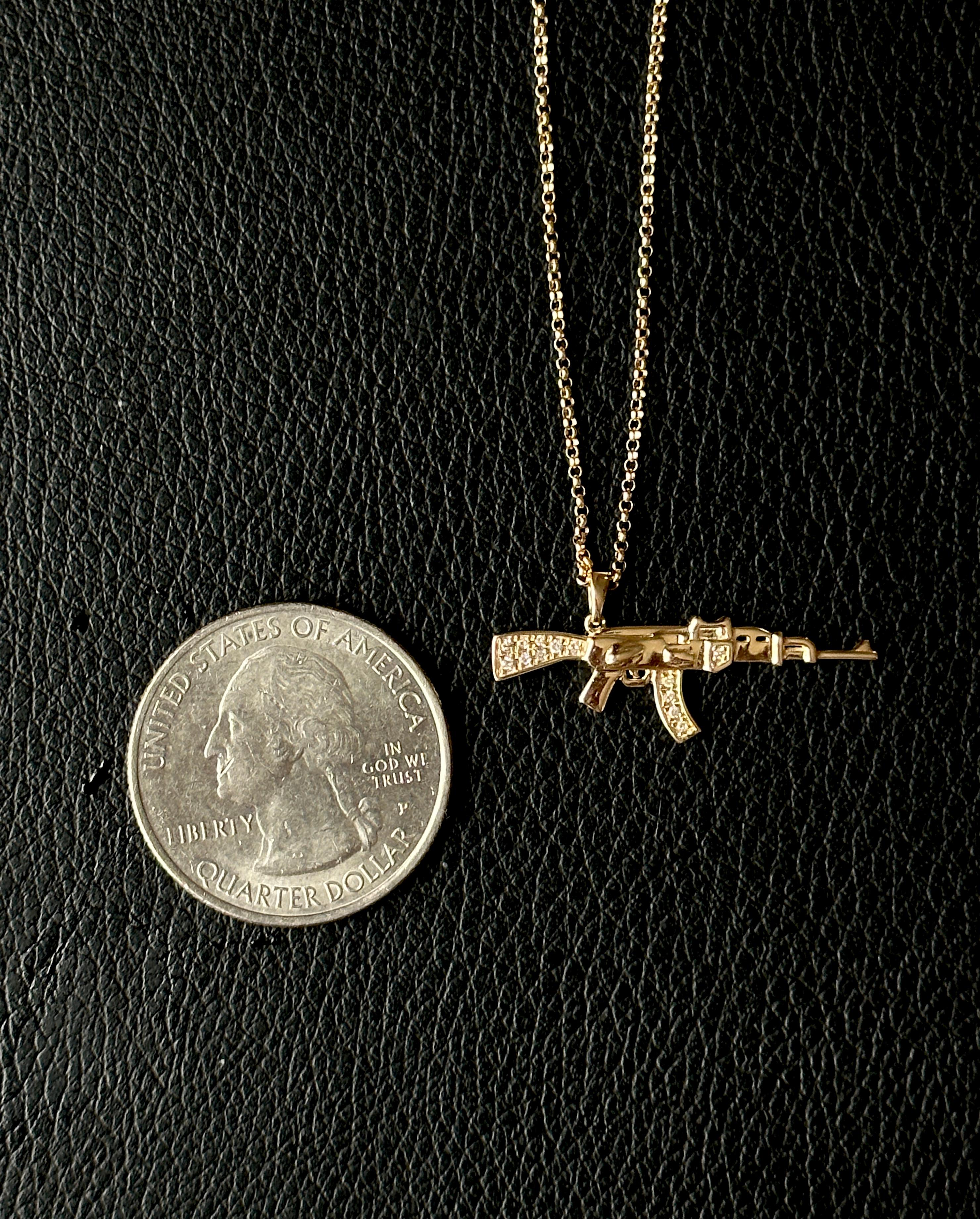 14k Gold Gun Charm Necklace, Diamond Gun Necklace, Charm Necklaces, Solid Gold  For Sale 8