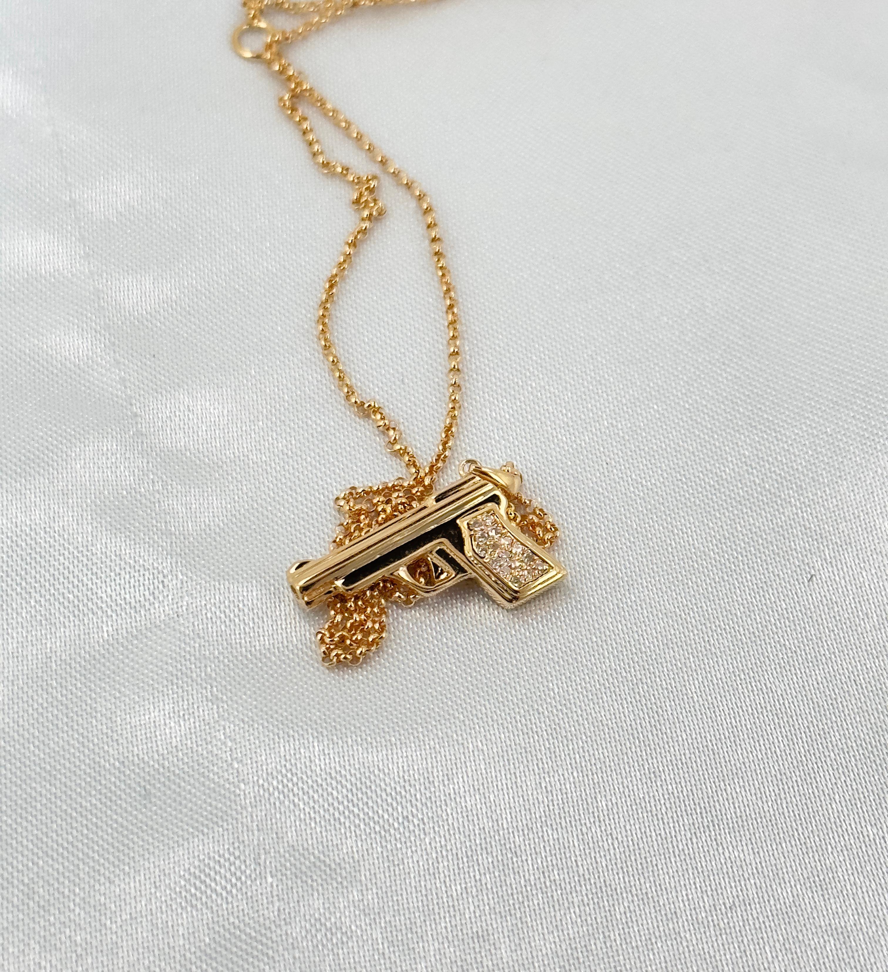 14k Gold Gun Charm Necklace, Diamond Gun Necklace, Charm Necklaces, Solid Gold  For Sale 11