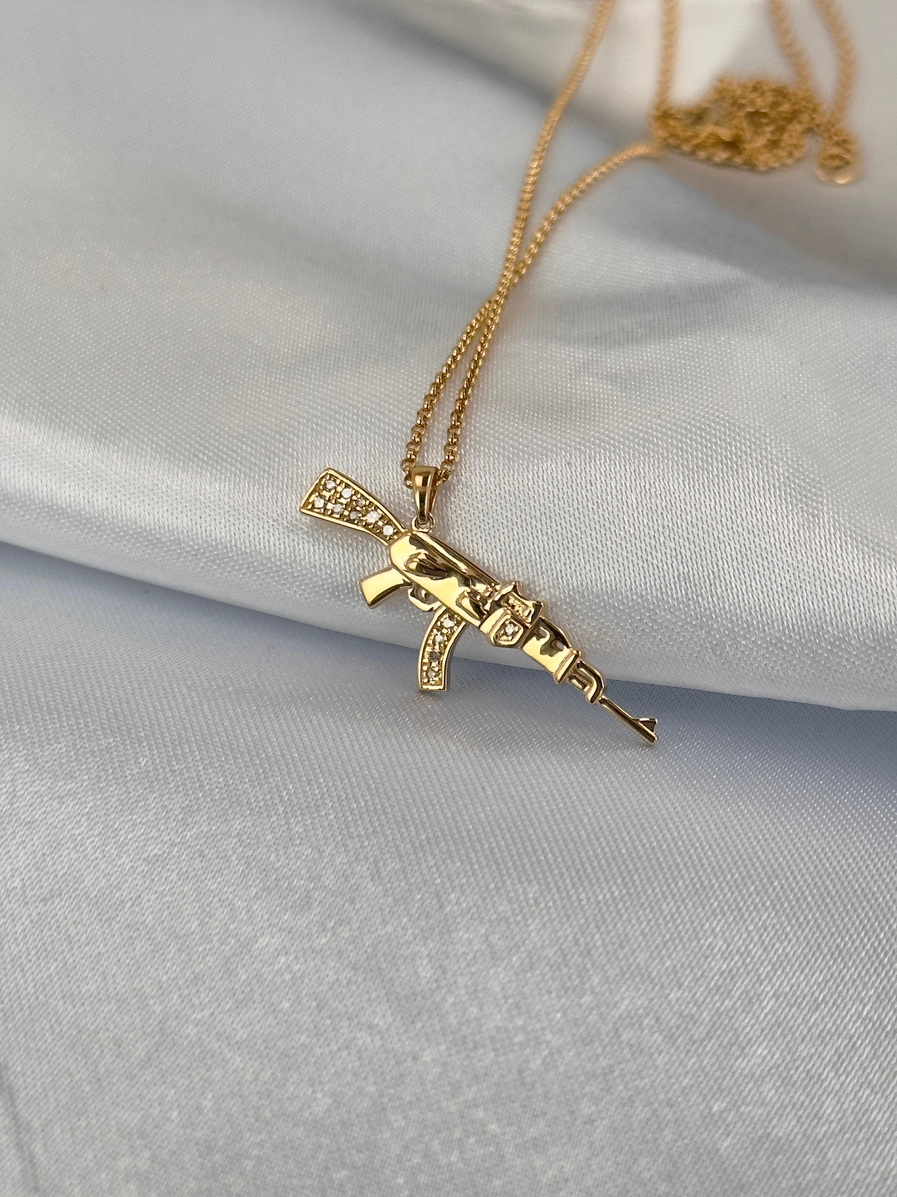Women's or Men's 14k Gold Gun Charm Necklace, Diamond Gun Necklace, Charm Necklaces, Solid Gold  For Sale