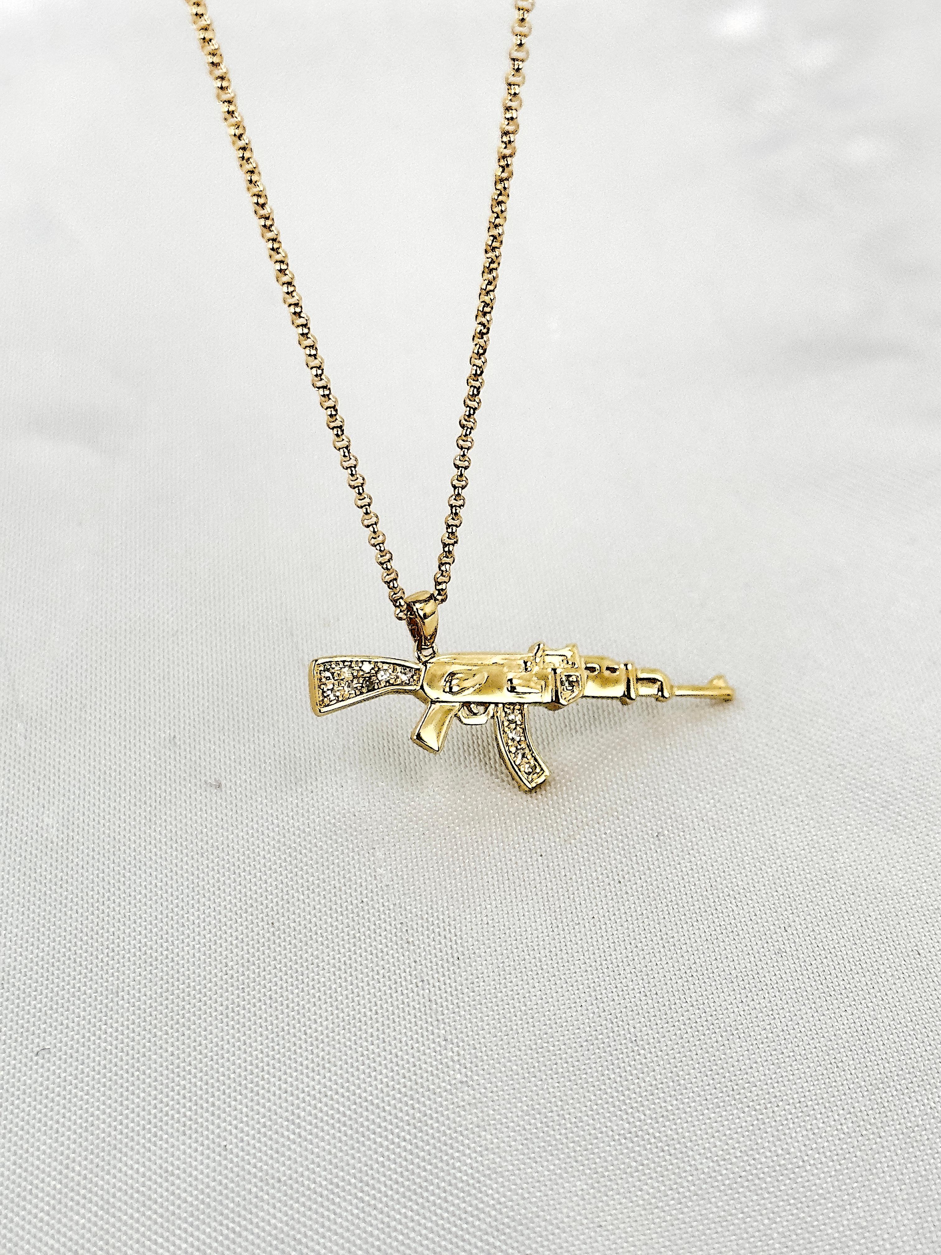 14k Gold Gun Charm Necklace, Diamond Gun Necklace, Charm Necklaces, Solid Gold  For Sale 1