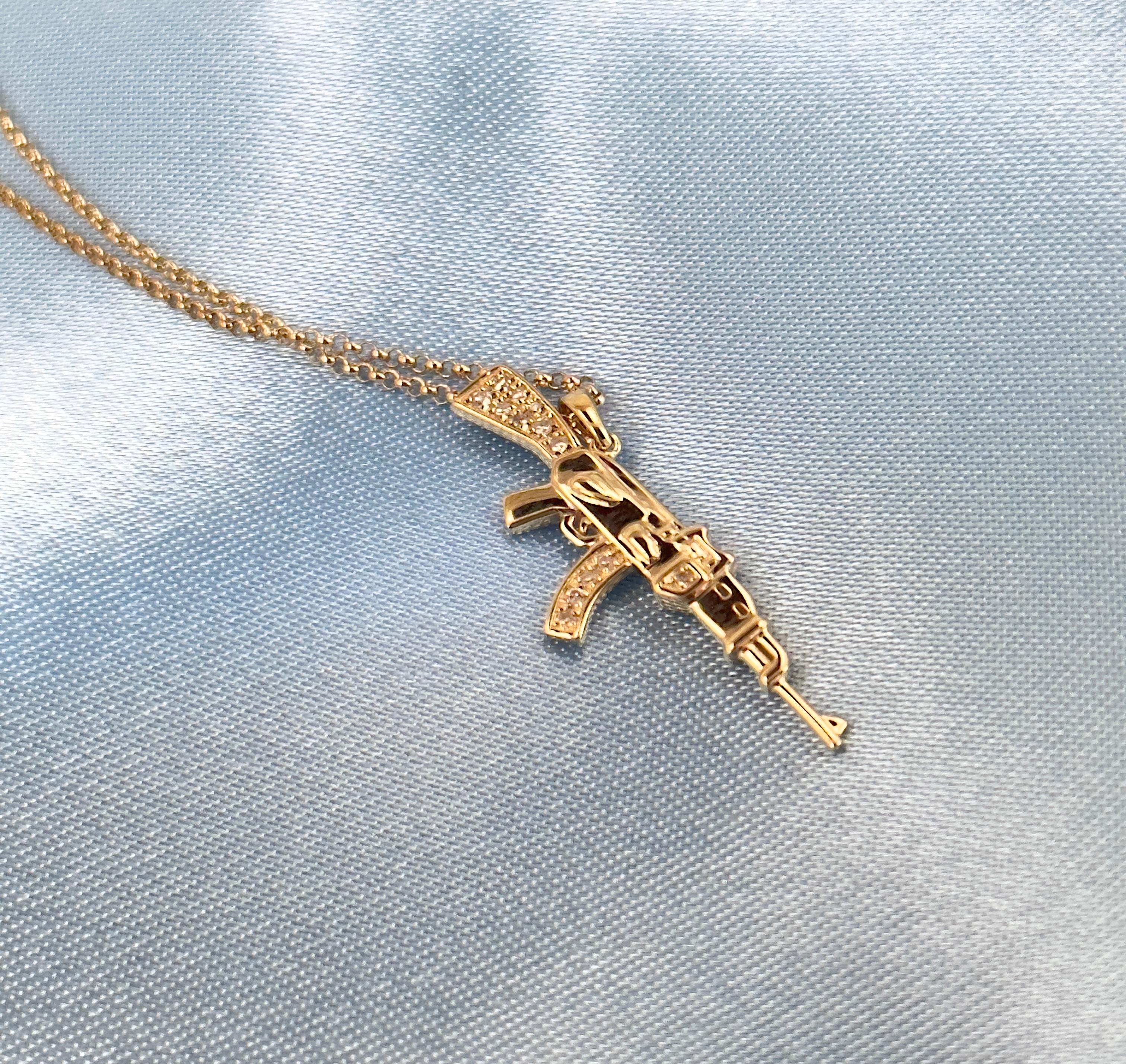 14k Gold Gun Charm Necklace, Diamond Gun Necklace, Charm Necklaces, Solid Gold  For Sale 2