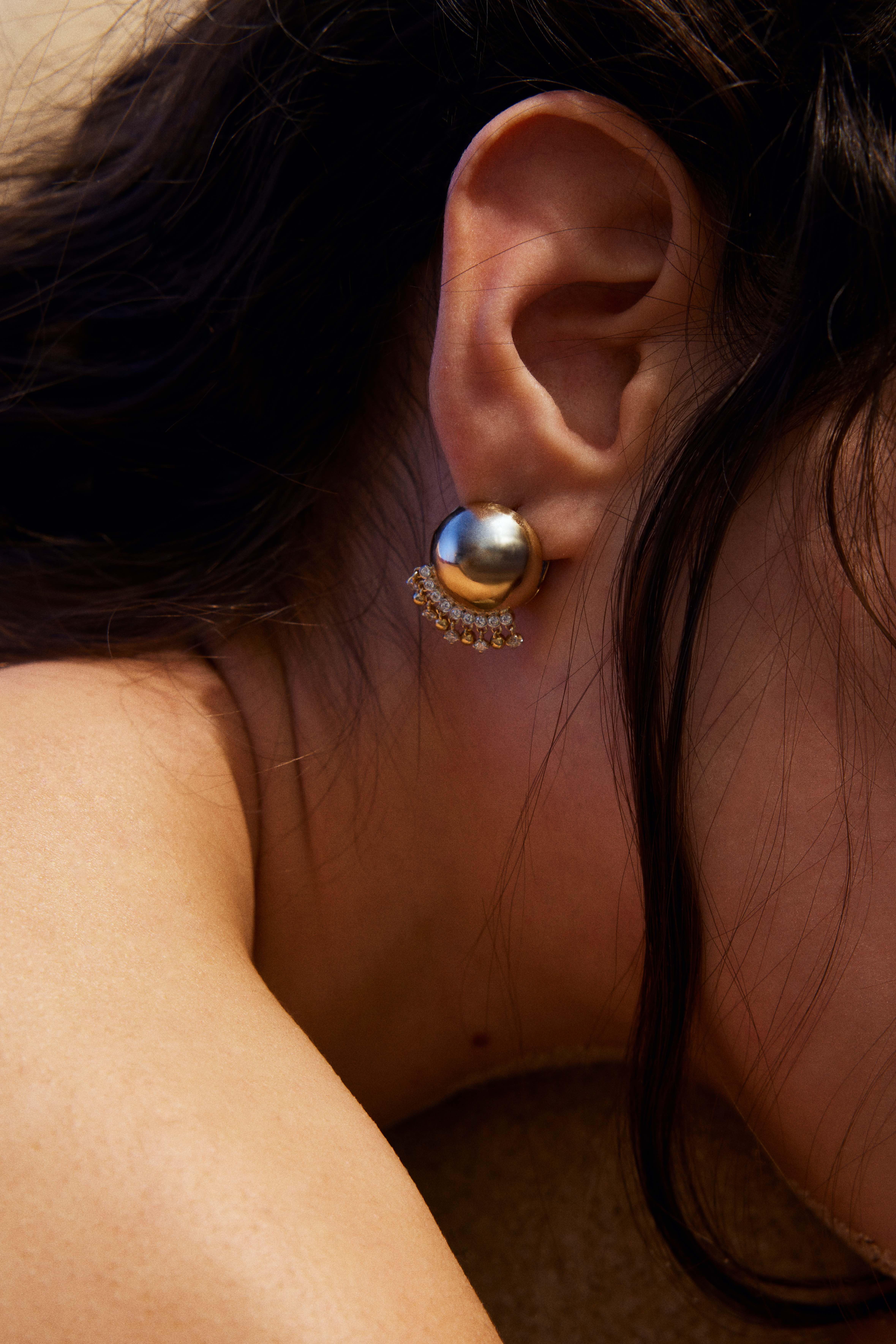 Modern 14k Gold Gypsy Ball Earrings in 14k Gold and 0.38 ct Diamond For Sale