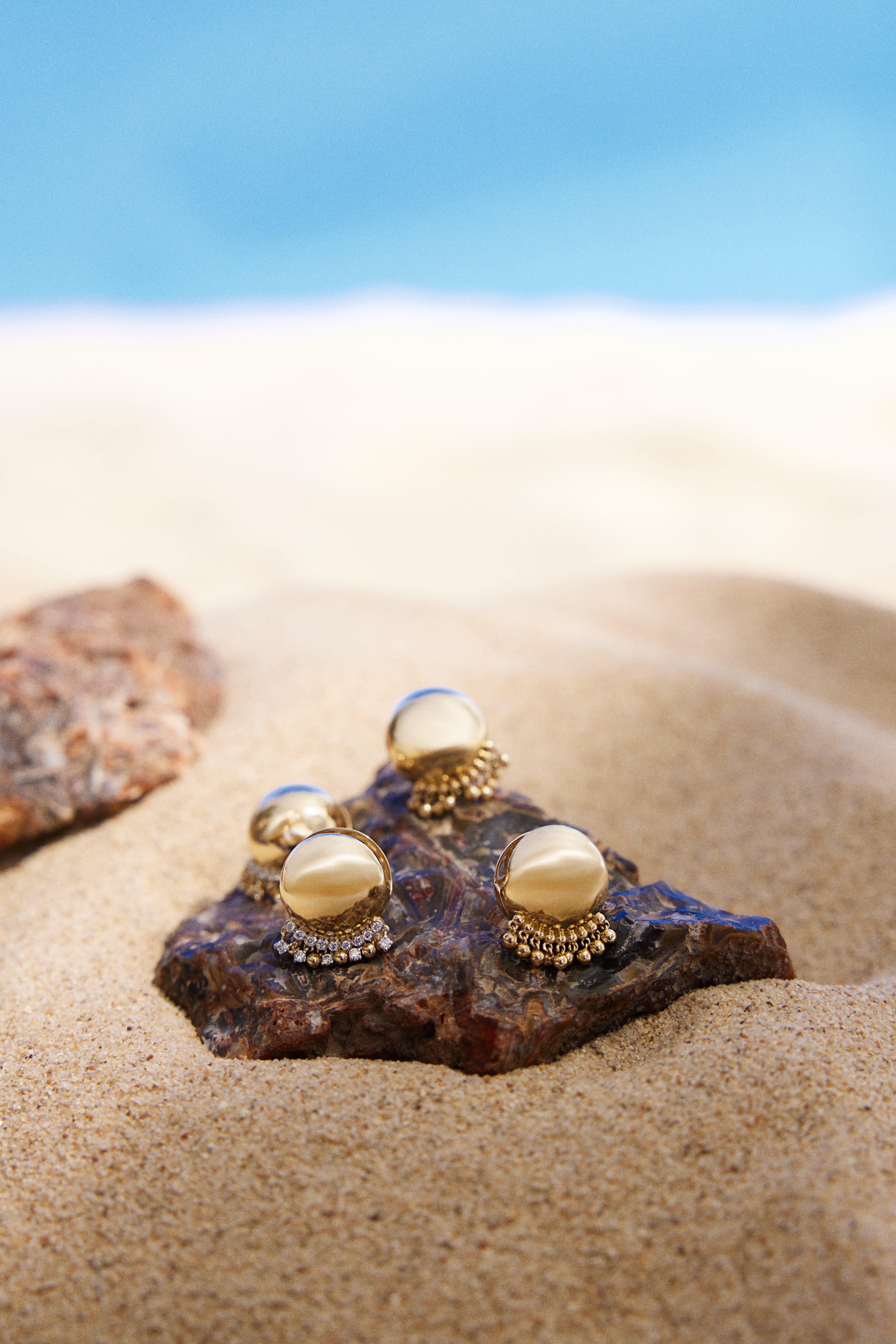 Brilliant Cut 14k Gold Gypsy Ball Earrings in 14k Gold and 0.38 ct Diamond For Sale