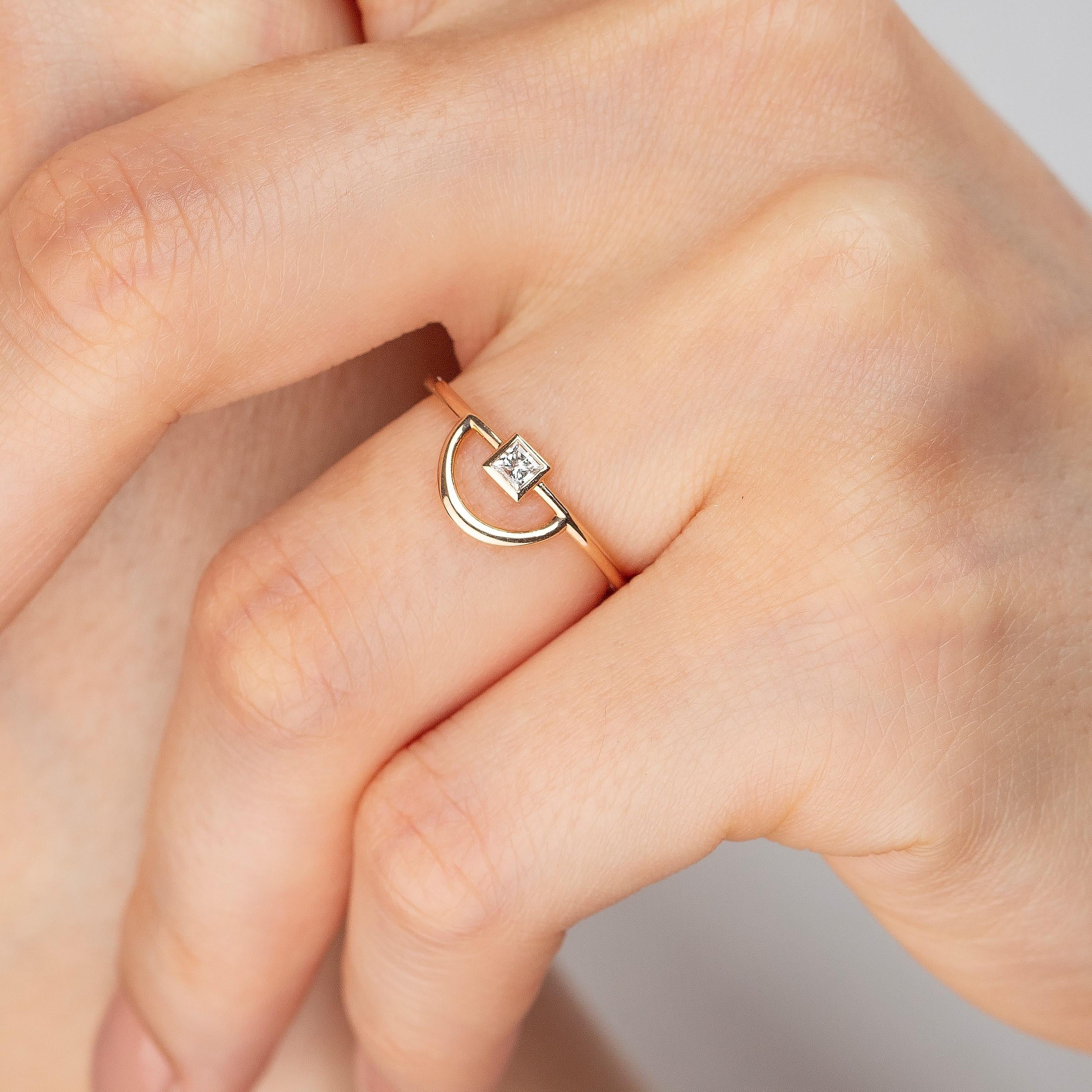 14K Gold Half Circle Ring with Princess Diamond, 14K Gold Half Karma Ring 2