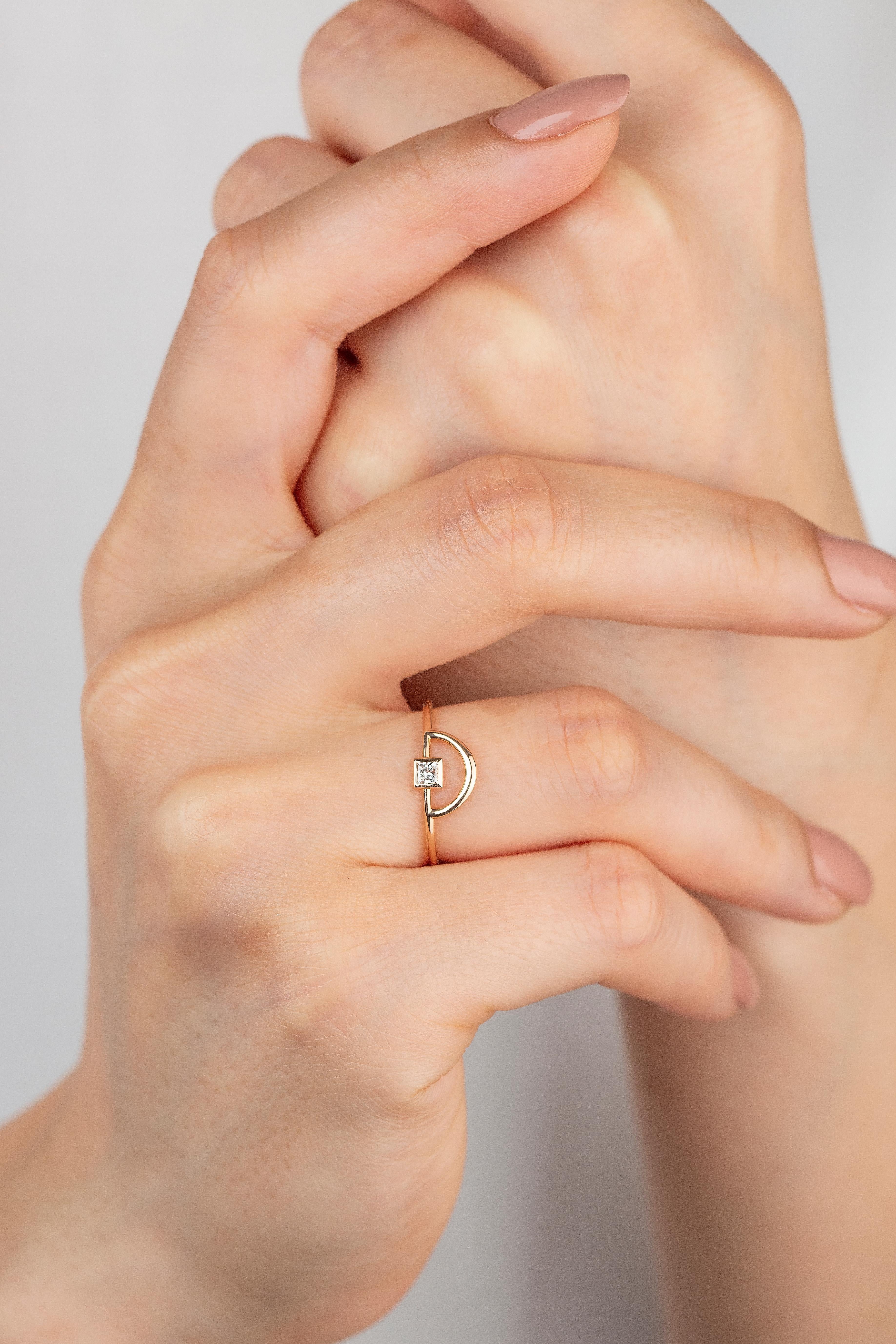14K Gold Half Circle Ring with Princess Diamond, 14K Gold Half Karma Ring 3