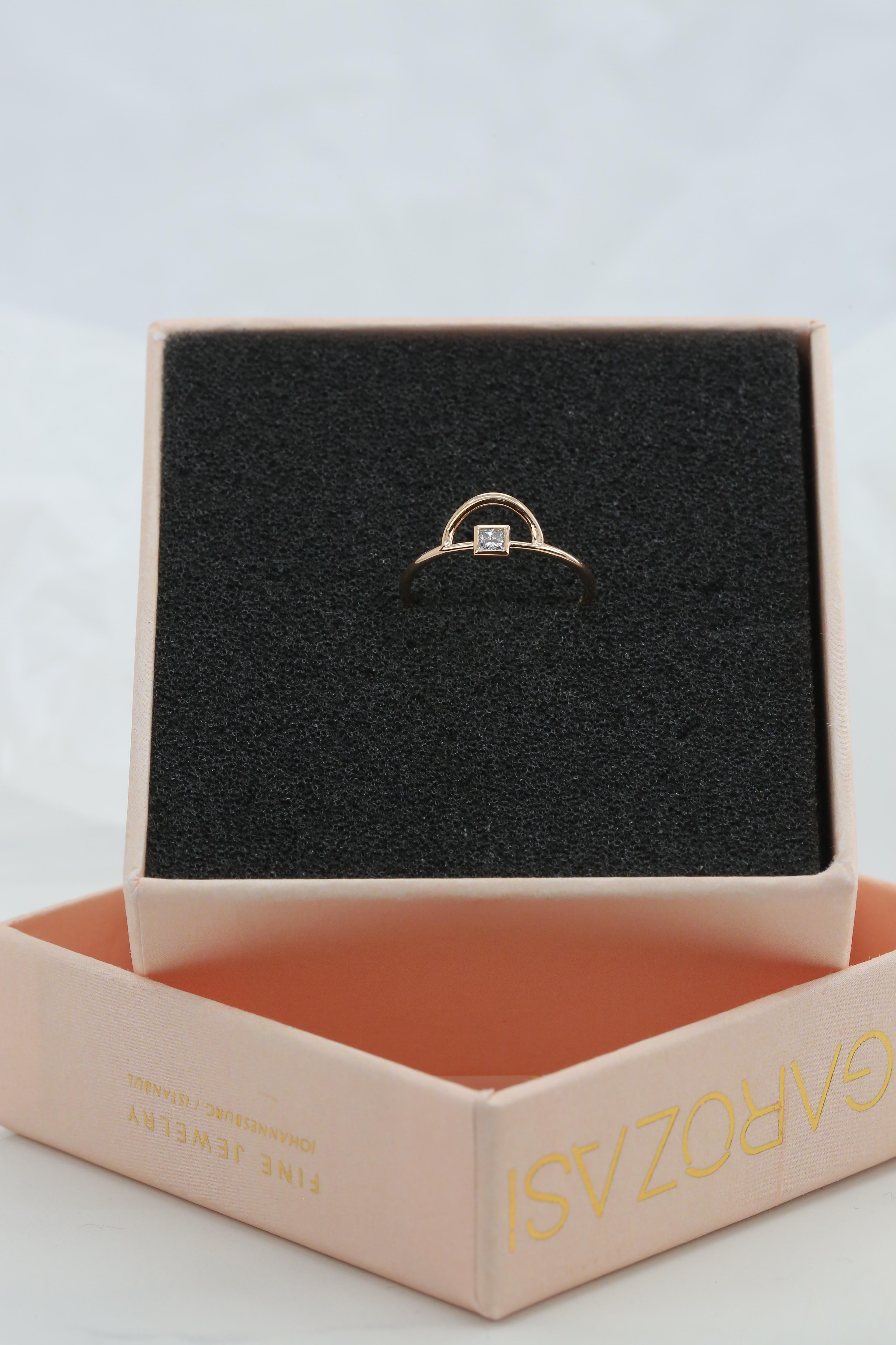 14K Gold Half Circle Ring with Princess Diamond, 14K Gold Half Karma Ring 4