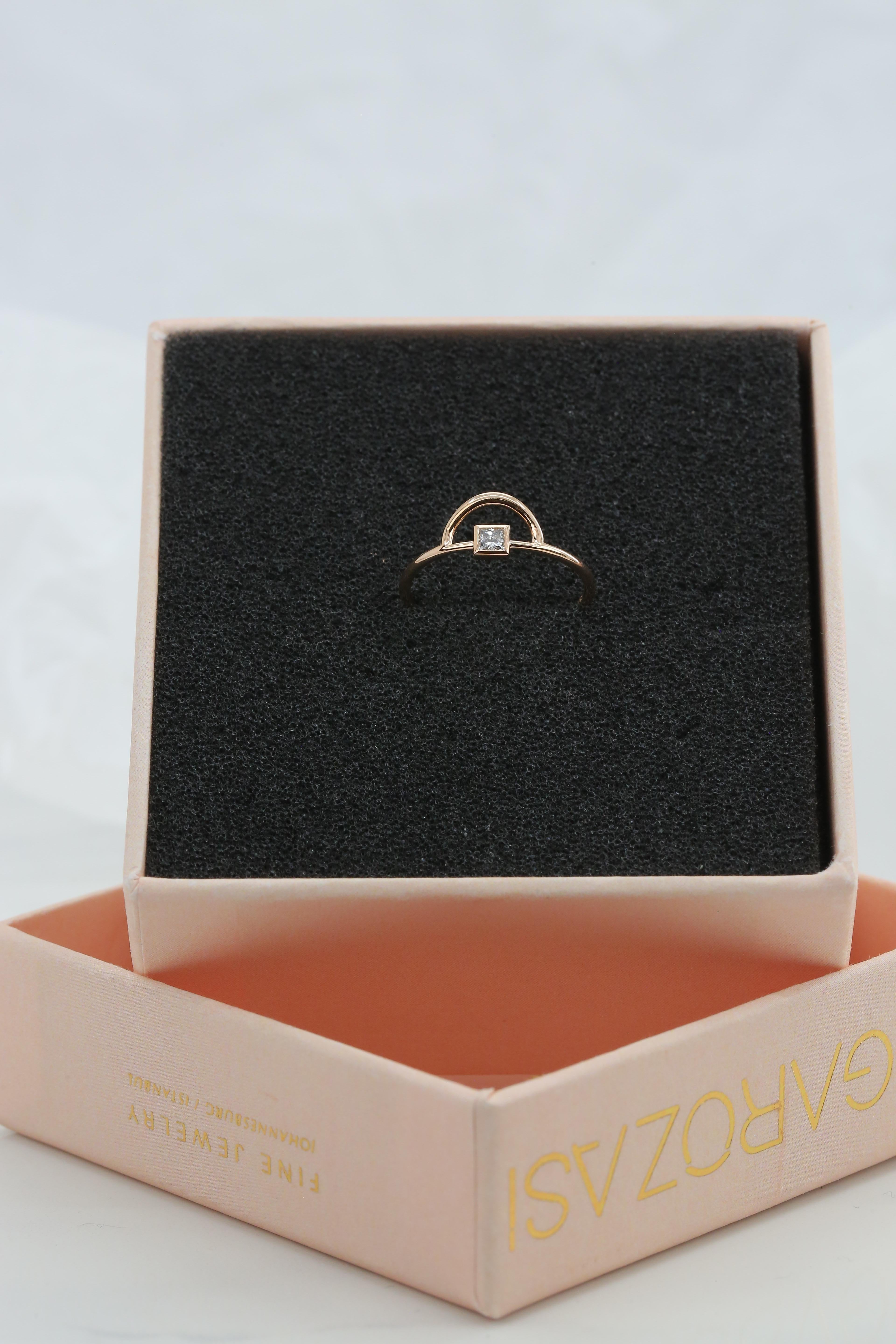 For Sale:  14K Gold Half Circle Ring with Princess Diamond, 14K Gold Half Karma Ring 4