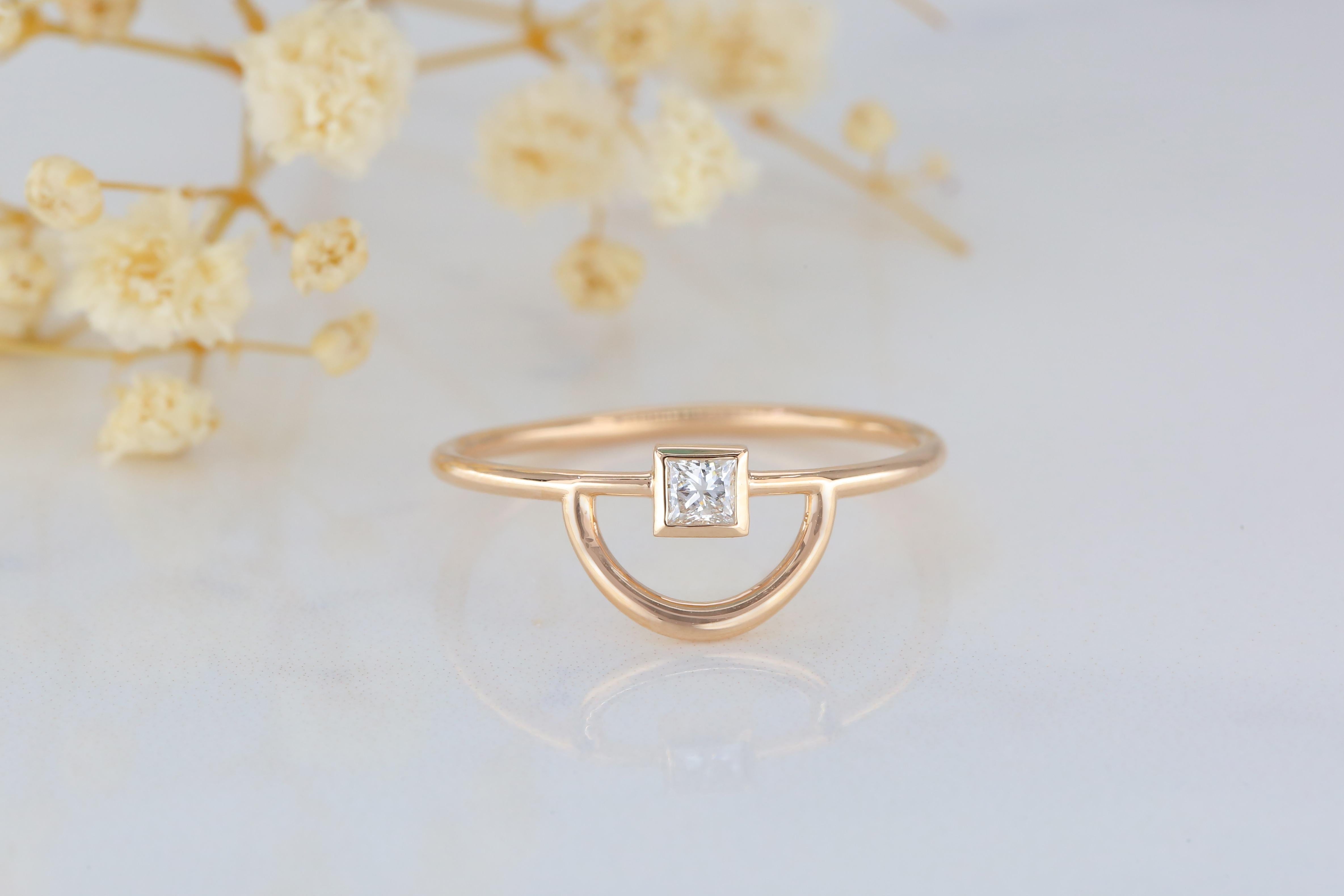 For Sale:  14K Gold Half Circle Ring with Princess Diamond, 14K Gold Half Karma Ring 5