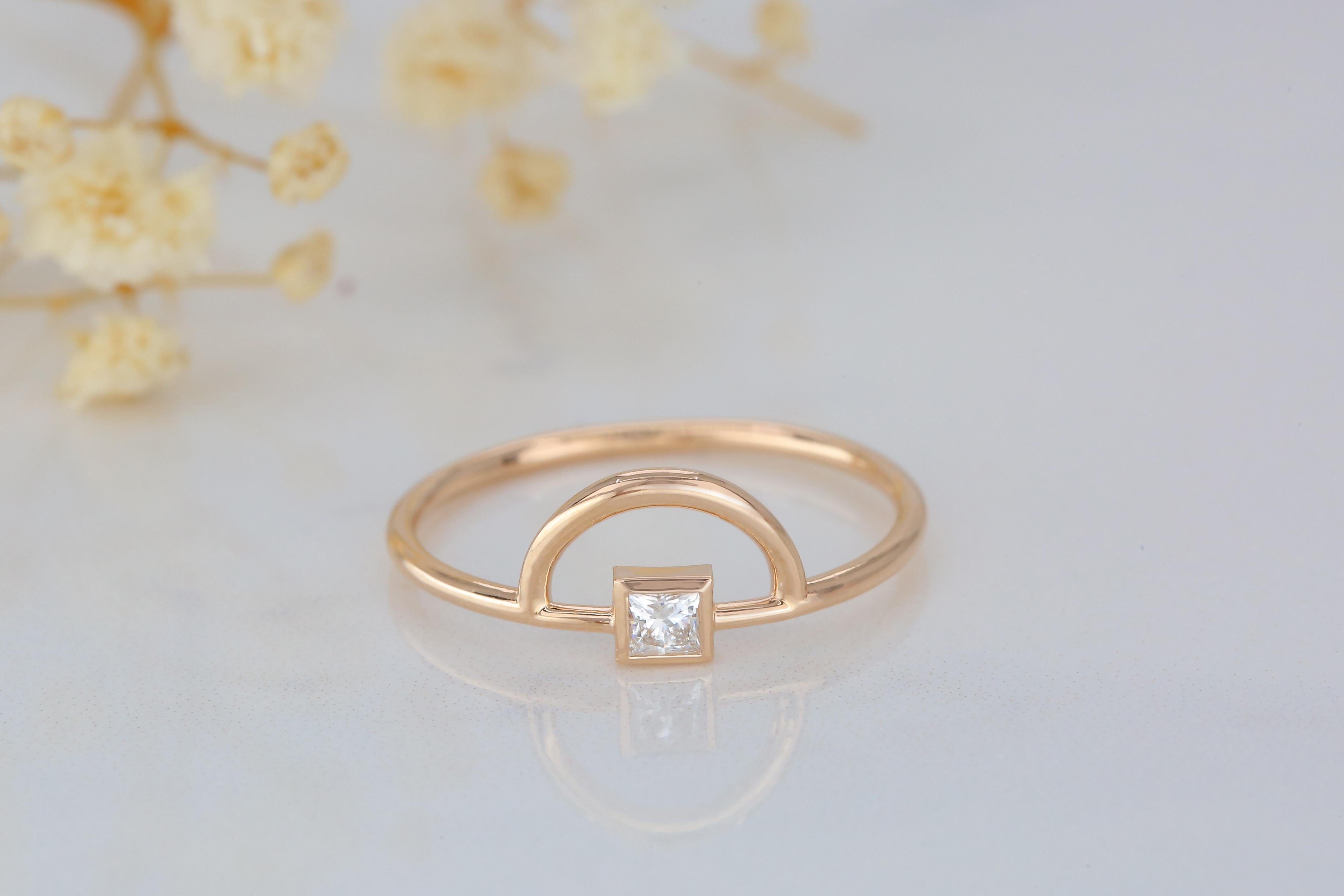 For Sale:  14K Gold Half Circle Ring with Princess Diamond, 14K Gold Half Karma Ring 6