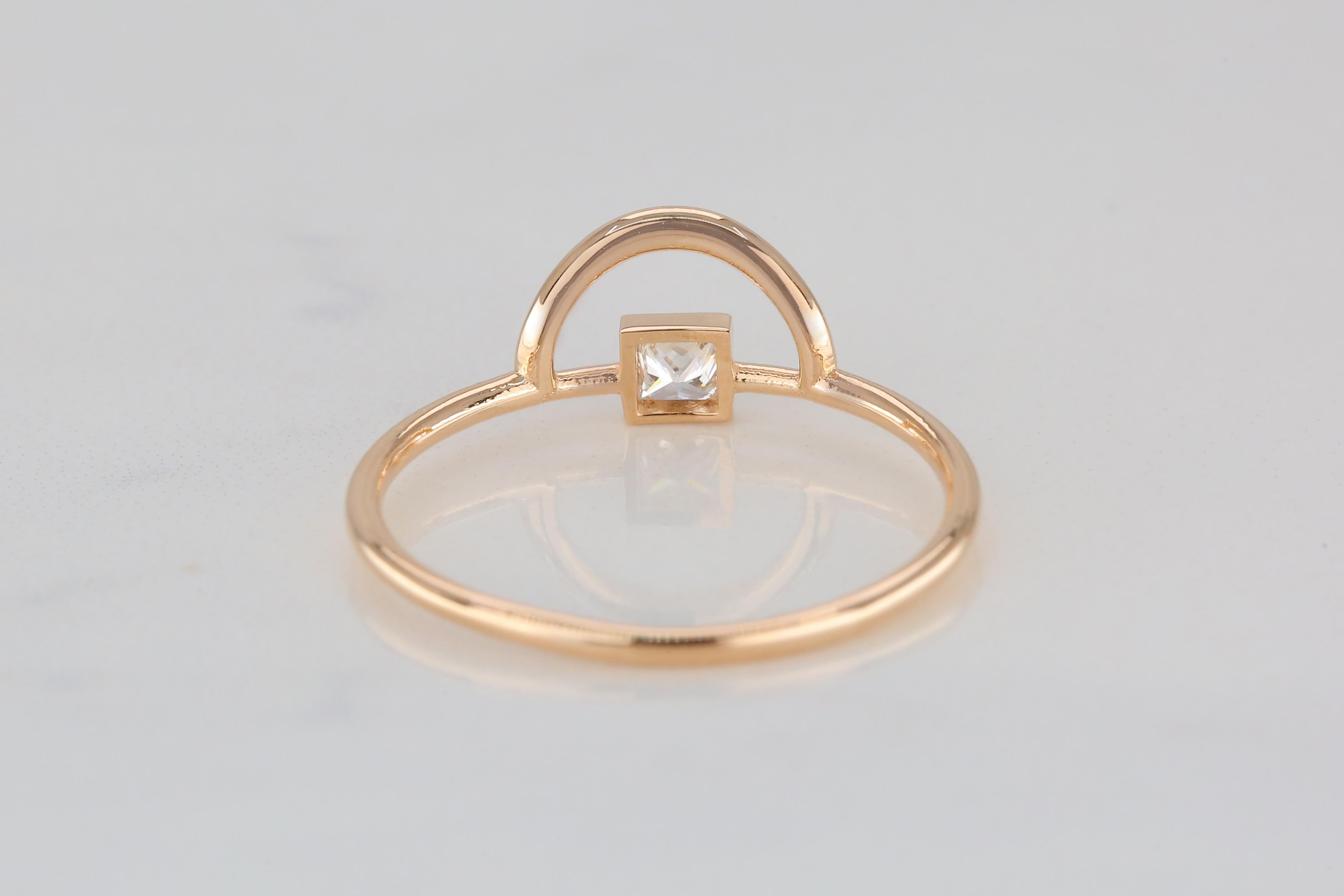 For Sale:  14K Gold Half Circle Ring with Princess Diamond, 14K Gold Half Karma Ring 7