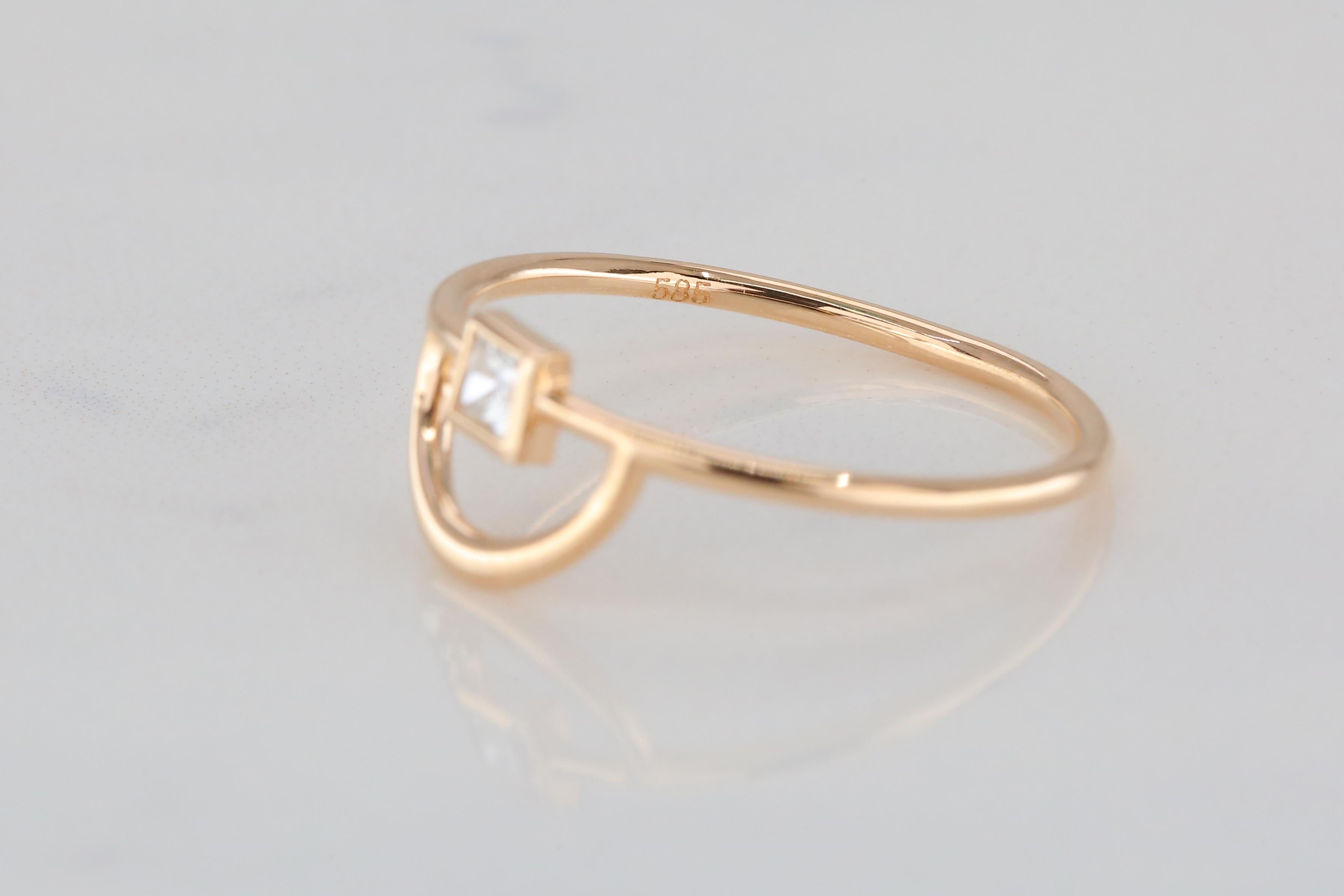 For Sale:  14K Gold Half Circle Ring with Princess Diamond, 14K Gold Half Karma Ring 8