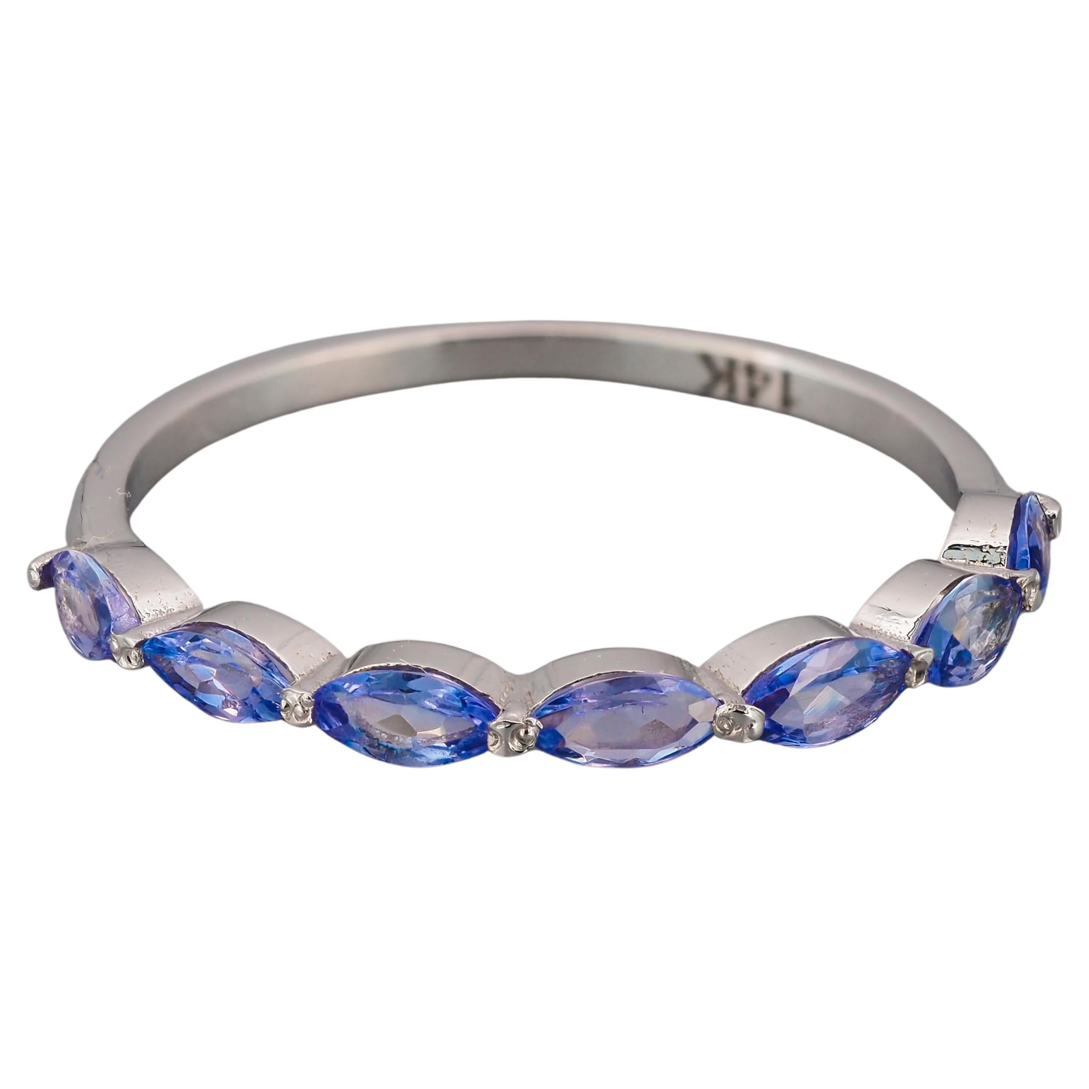 For Sale:  14k Gold Half Eternity Ring with Marquise Tanzanite and Diamonds