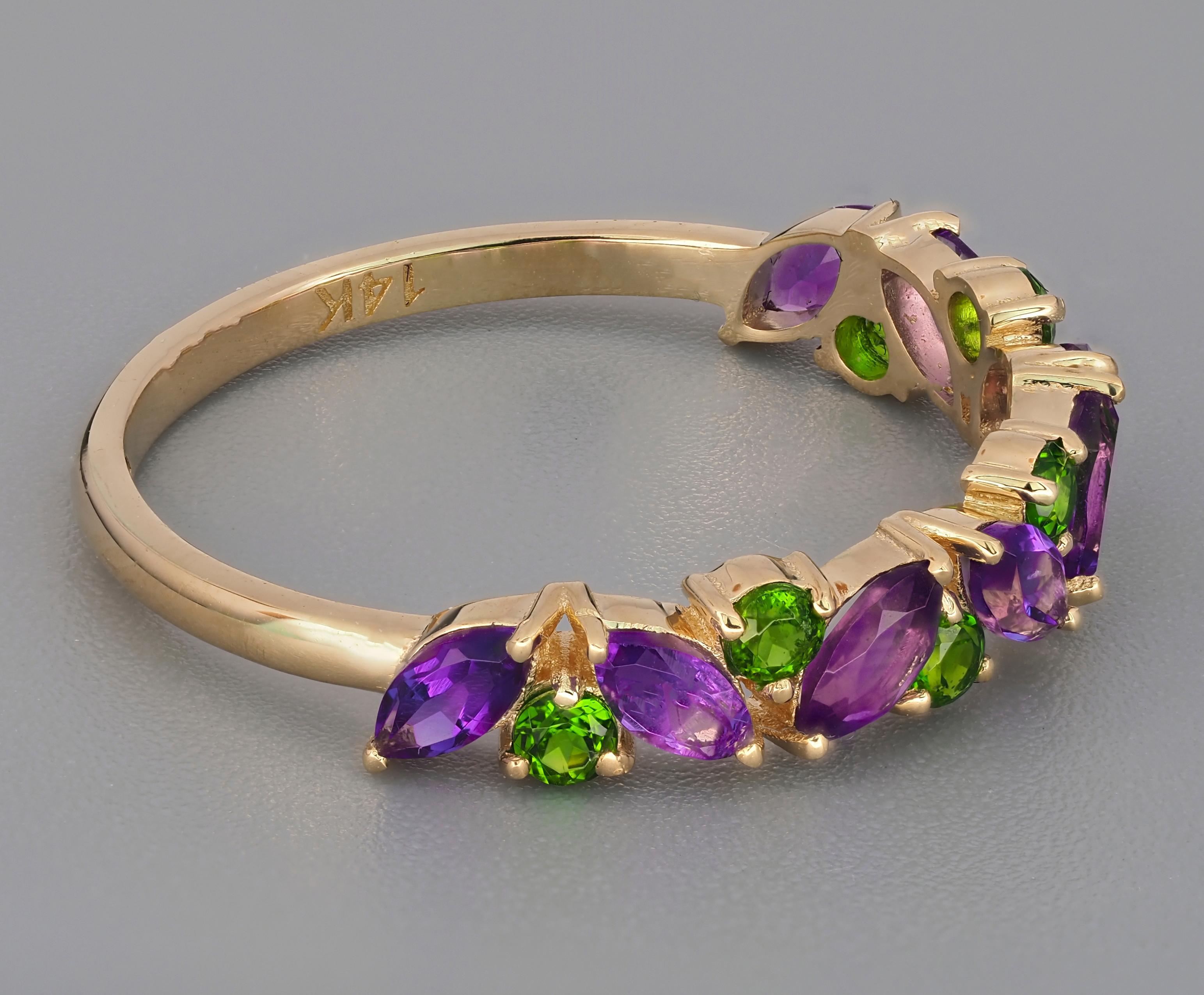 For Sale:  14k Gold Half Eternity Ring with Natural Amethyst and Chrome Diopside 2