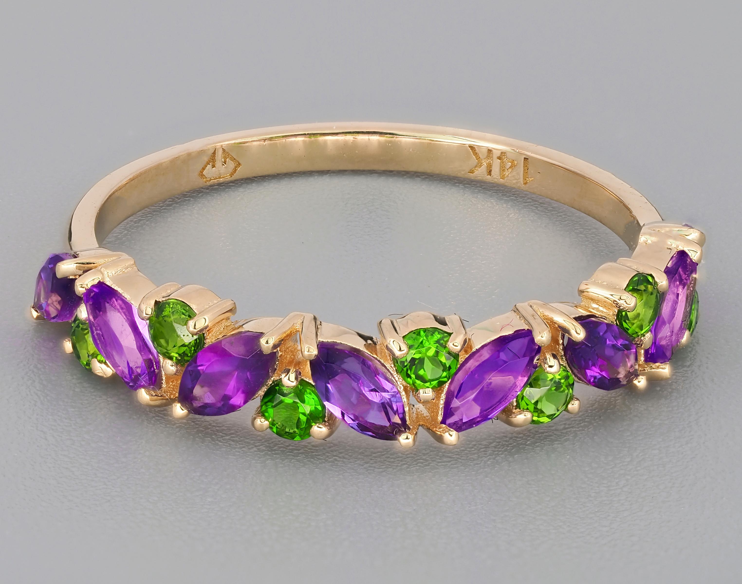 For Sale:  14k Gold Half Eternity Ring with Natural Amethyst and Chrome Diopside 3