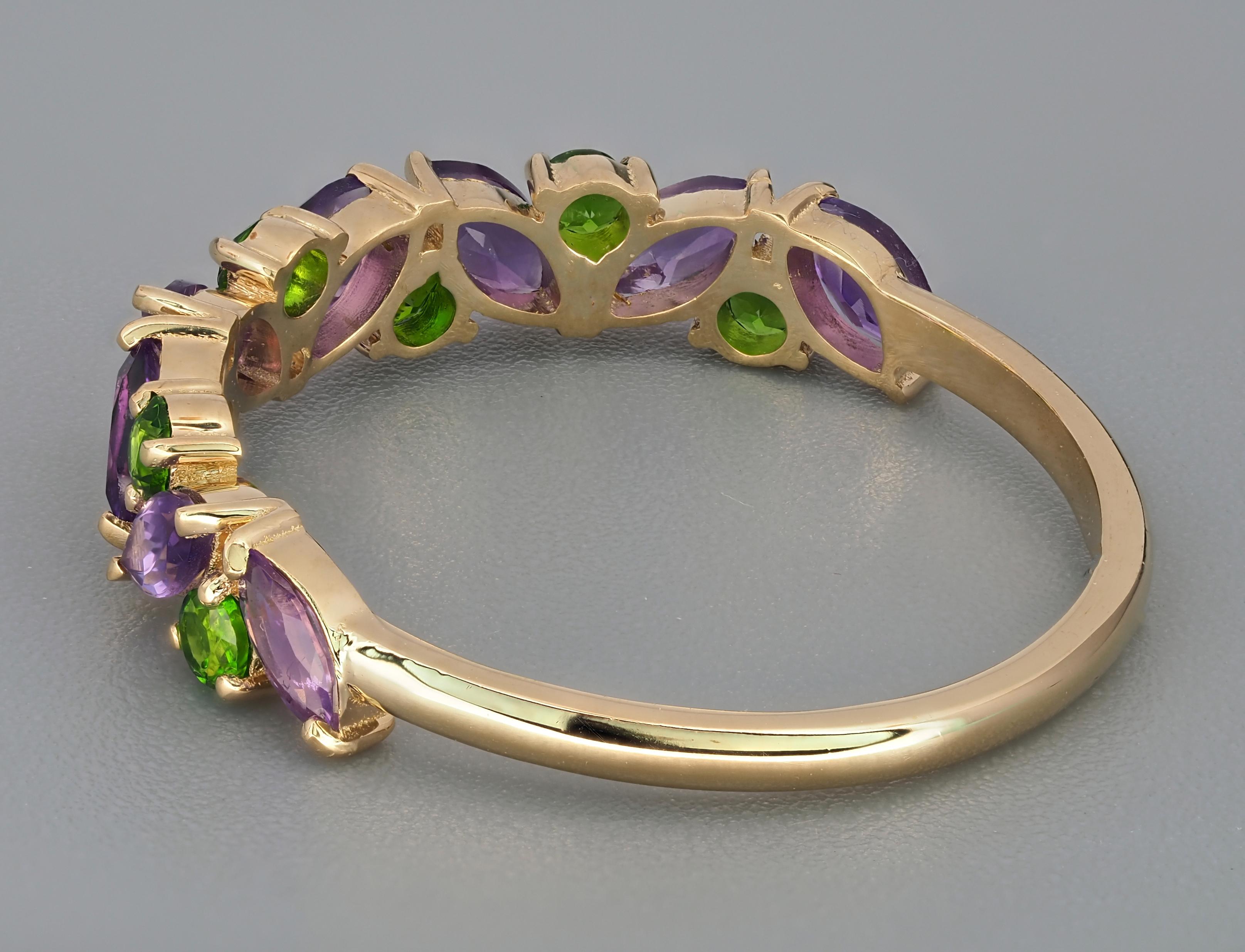 For Sale:  14k Gold Half Eternity Ring with Natural Amethyst and Chrome Diopside 5